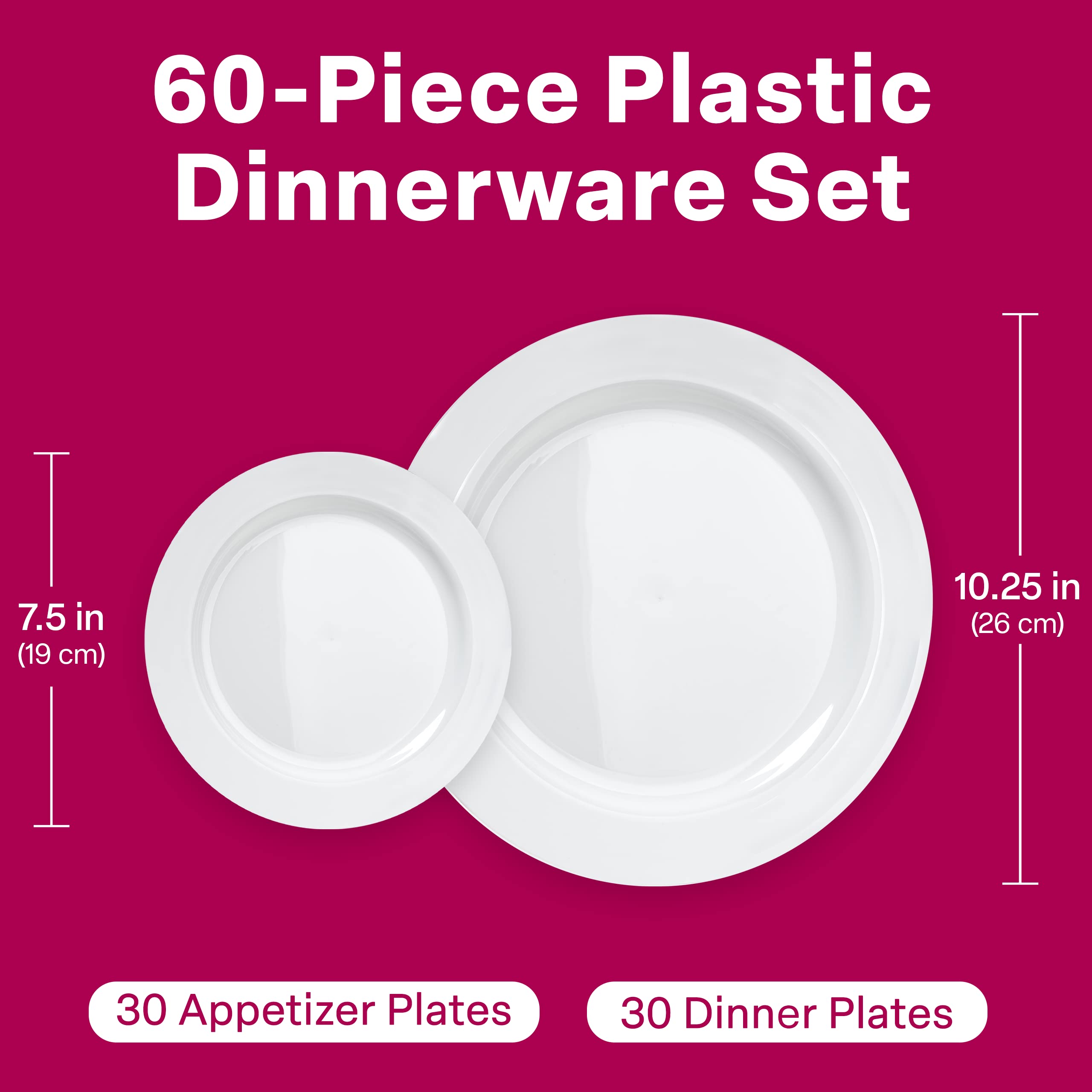 Prestee 60 White Plastic Plates Disposable, Heavy Duty for Party - 30 Dinner Plates 10.25" + 30 Salad Dessert Appetizer Plates 7.5", Hard Party Plate, Elegant Christmas, Holiday Parties, White Plates - Good