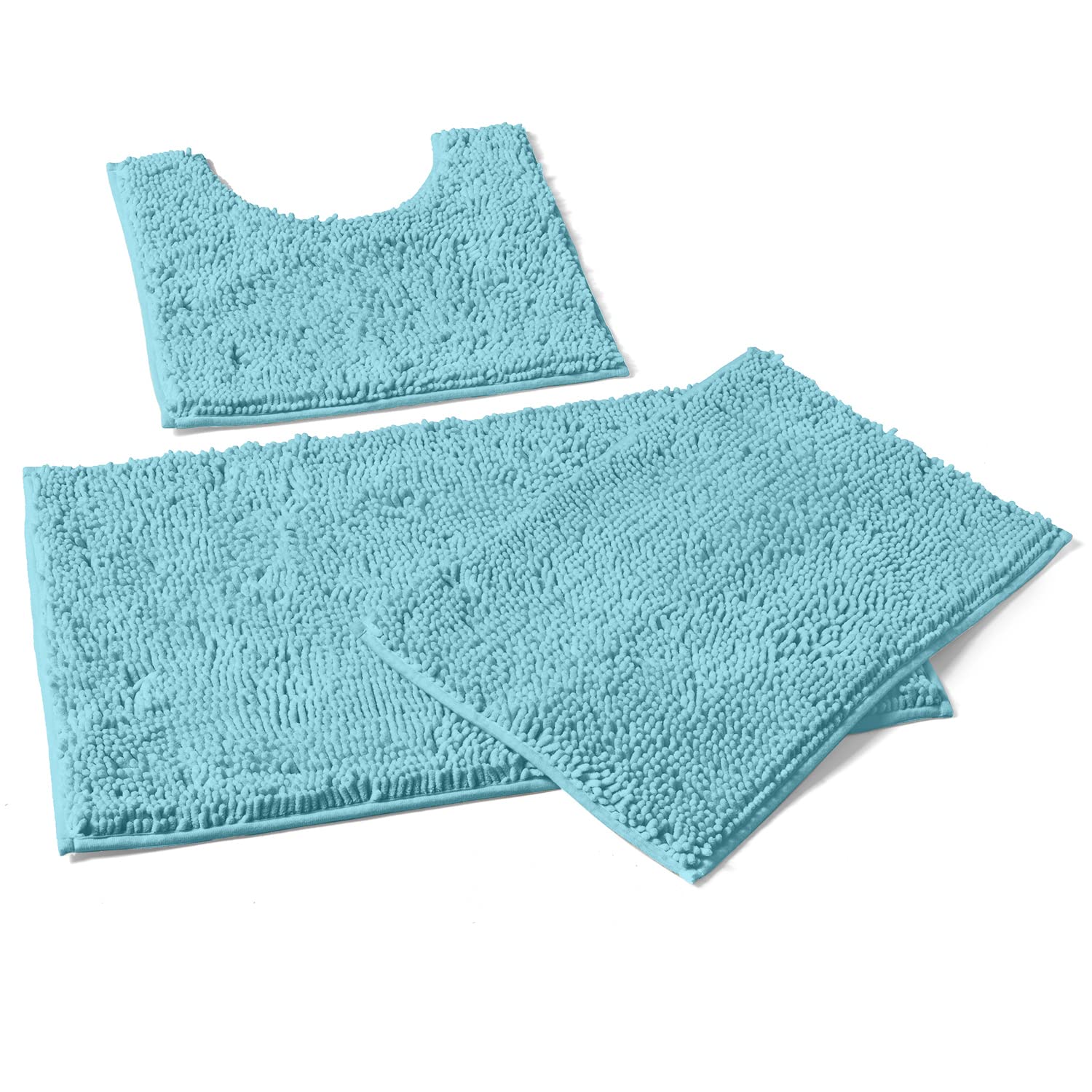 LuxUrux Bathroom Rugs 3pc Non-Slip Shaggy Chenille Bathroom Mat Set, Includes U-Shaped Contour Toilet Mat, 20 x 30'' and 16 x 24'' Bath Mat, Machine Washable, Spa Blue. - Very Good