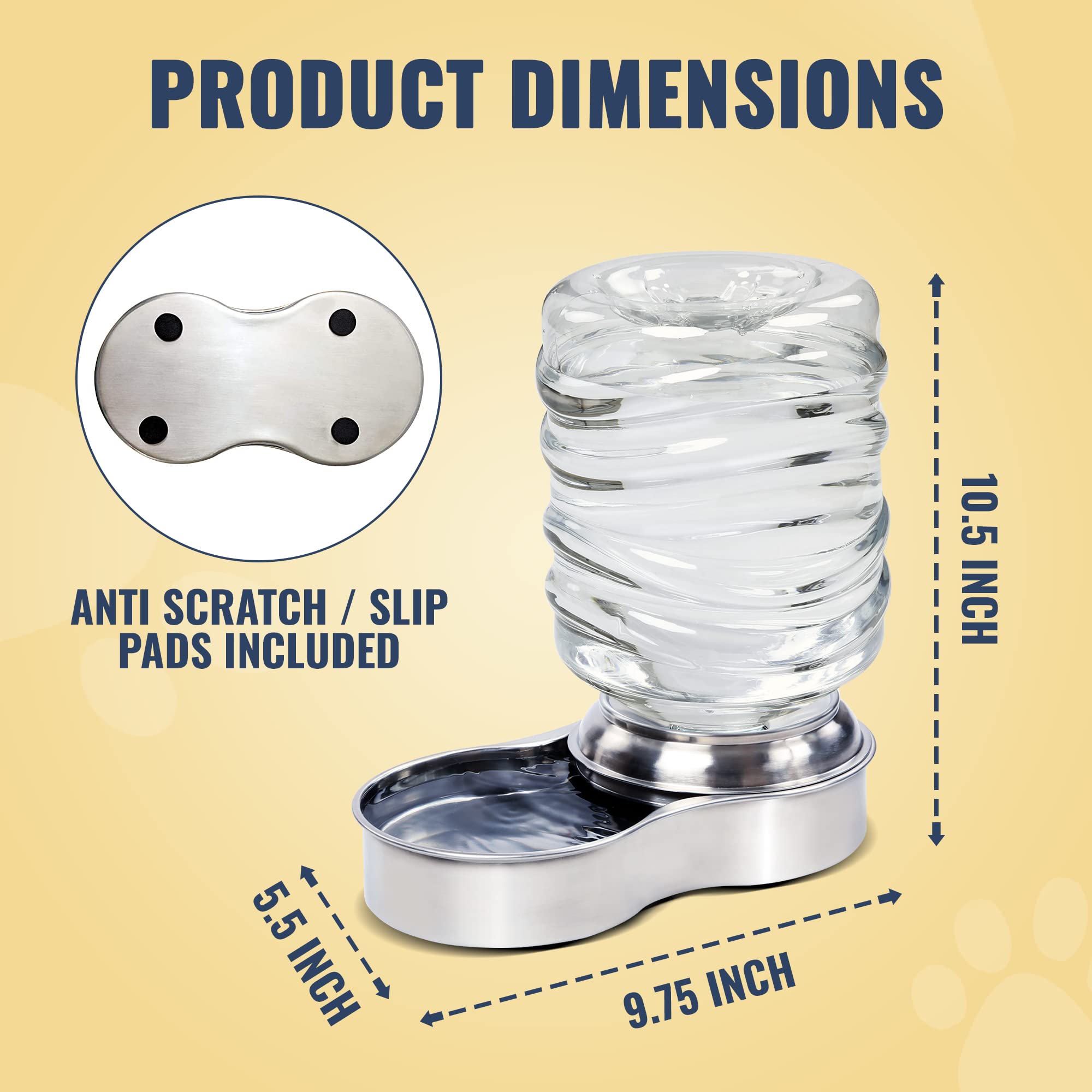 Bundaloo Dog Water Bowl Dispenser - Automatic Slow Refilling System Keeps Stainless Steel Drinking Dish Filled - Refillable 3 Liter Bottle, Non-Skid Feet - Clean, Safe, & Fresh Drink for Pet Dogs  - Good