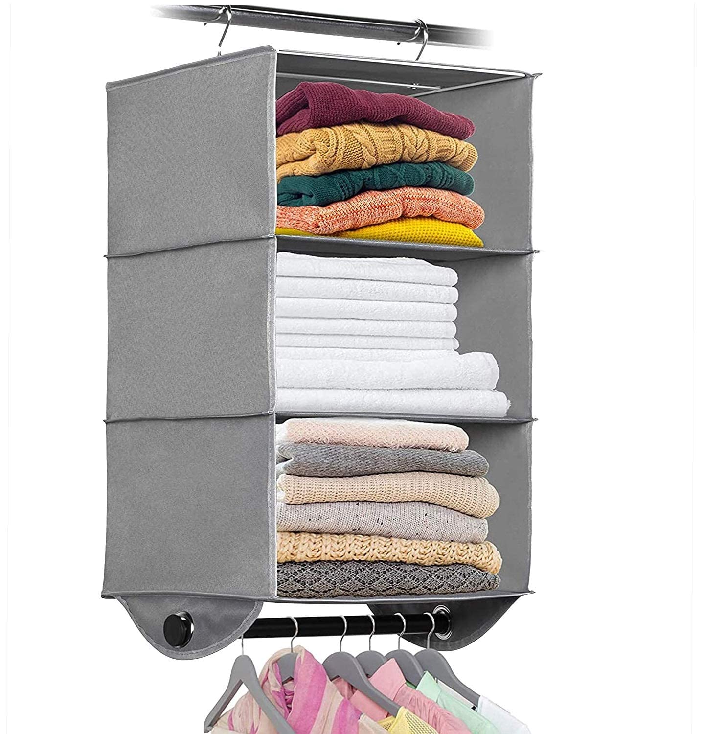 Hanging Closet Organizer with Garment Rod - Heavy Duty Fabric Space Saver for Closets, Easy to Mount, Foldable Closet Storage Shelves, Grey with Black Metal Rod - Like New