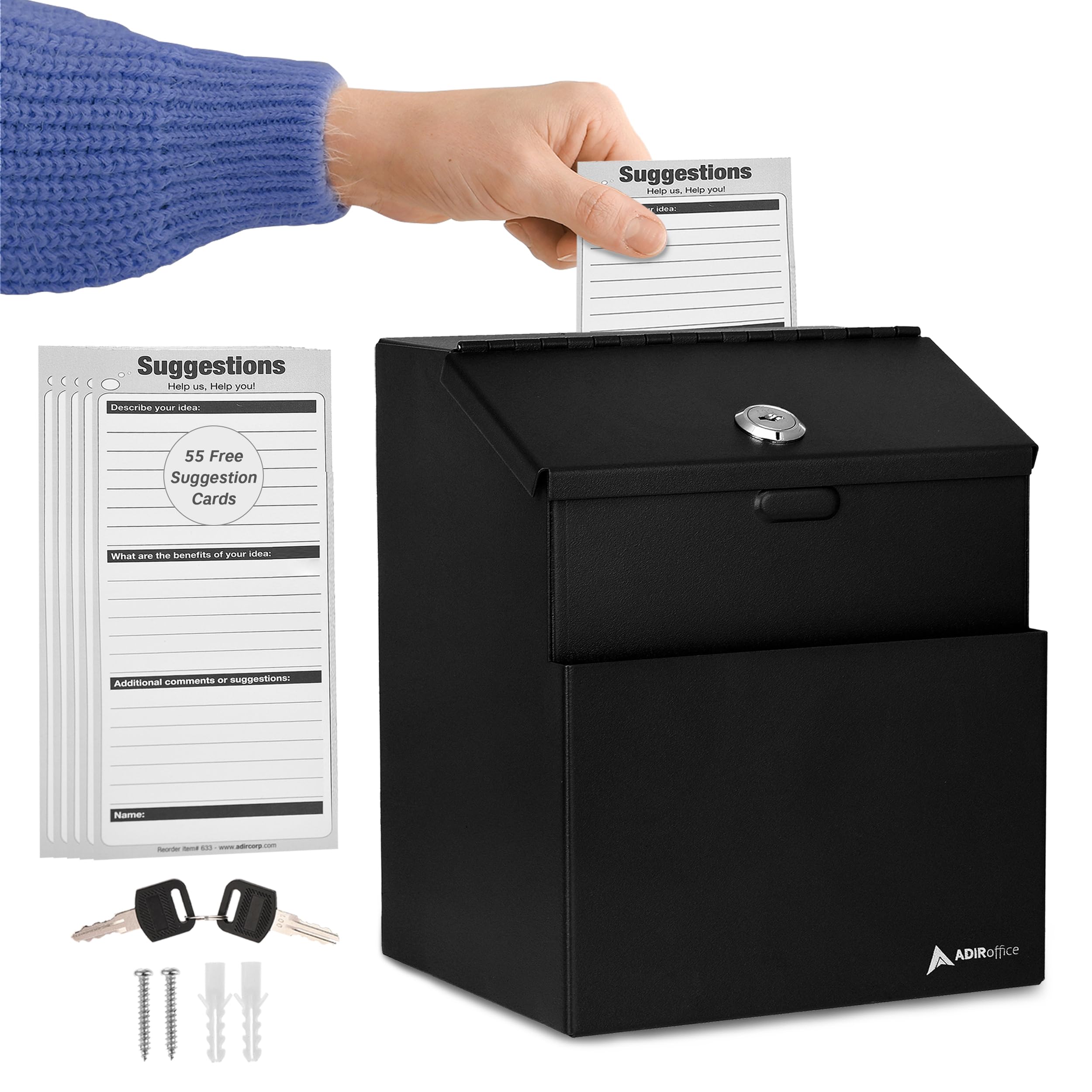 Adir Suggestion Box with Lock - Metal Donation Fundraising Ballot Prayer Box with 55 Free Suggestion Forms Cards & 2 Keys (Wall Mounted - Black) - Very Good