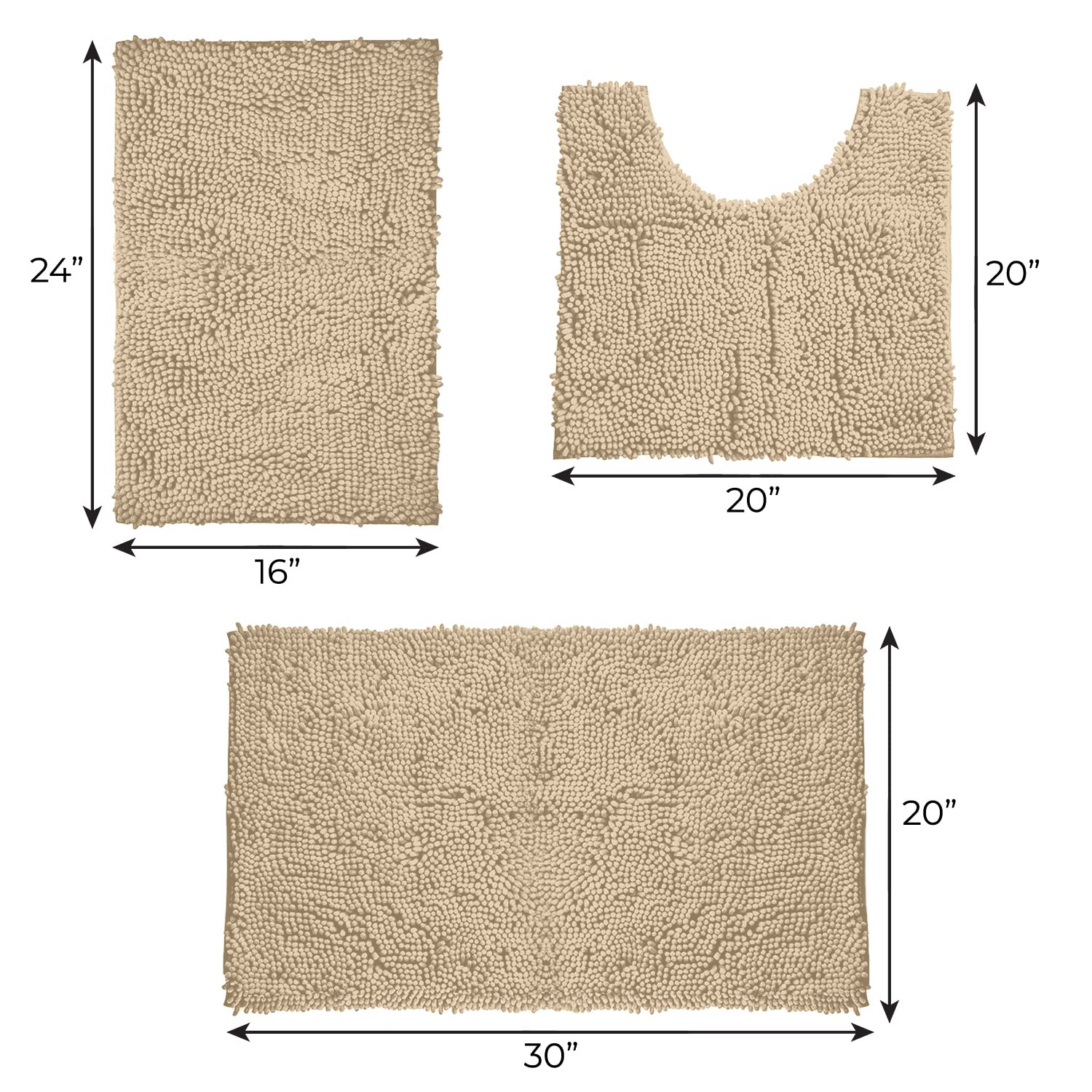 LuxUrux Bathroom Rugs 3pc Non-Slip Shaggy Chenille Bathroom Mat Set, Includes U-Shaped Contour Toilet Mat, 20 x 30'' and 16 x 24'' Bath Mat, Machine Washable - Very Good