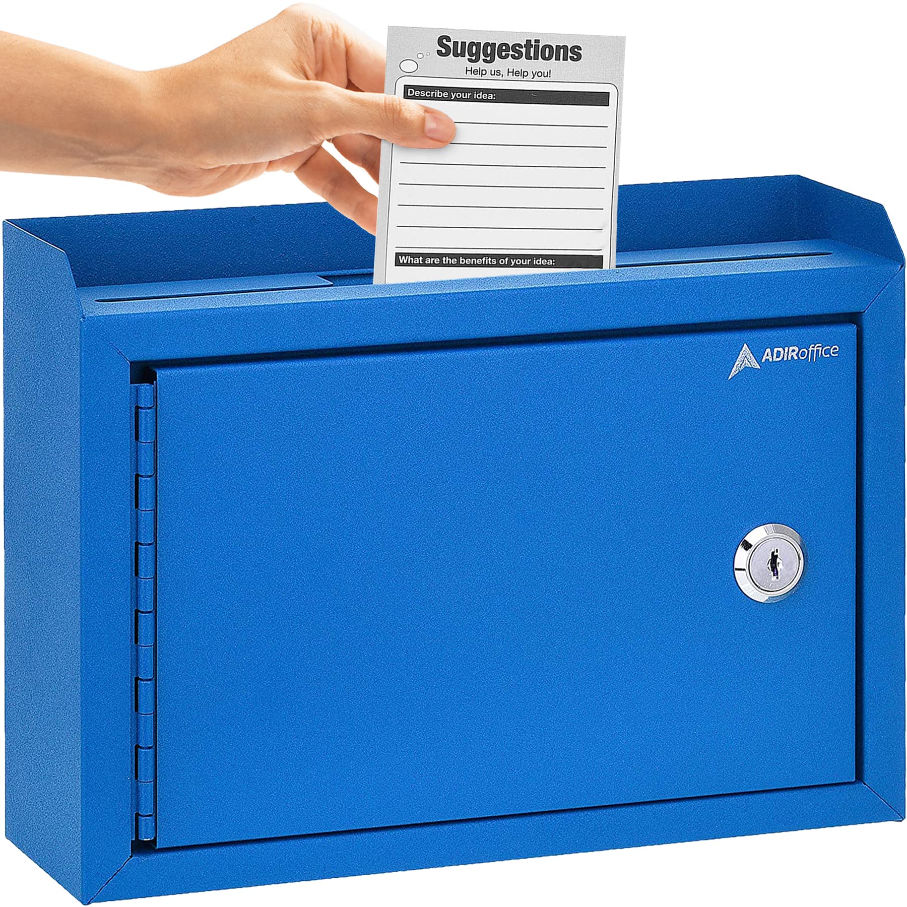AdirCorp. Suggestion Box with Lock, Safe Wall Mounted Mail Box, Key Drop, Donation File and Money Organizer, 9.75x7x3 (Blue) - Very Good