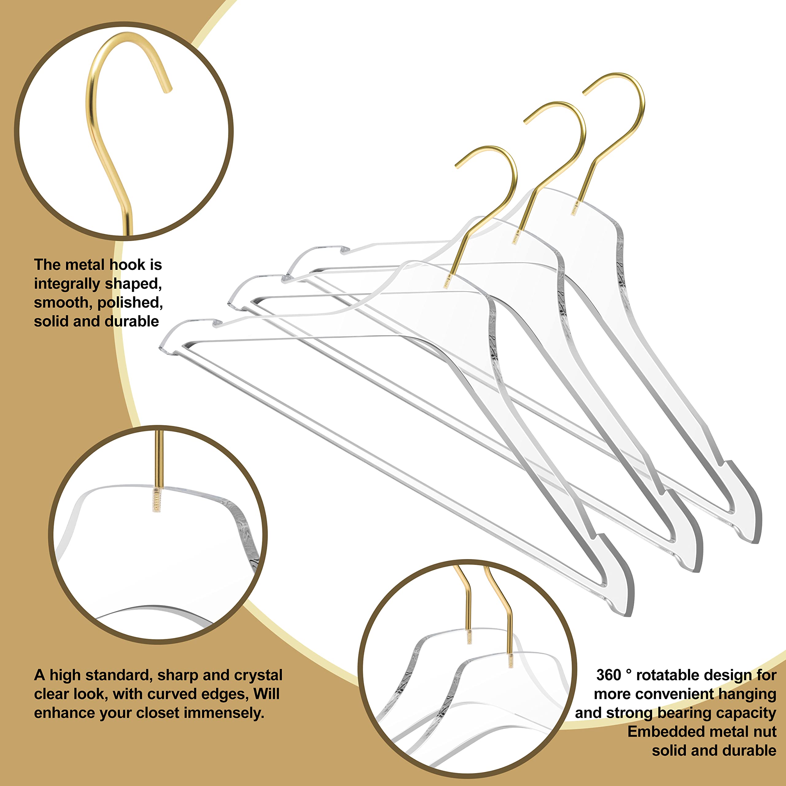 Quality Acrylic Clear Lucite Hangers 20-Pack with Bar Matte Gold Hanging Hooks for Clothes, Pants, Suit Jackets, Coats, and Shirts, Closet and Wardrobe Organization (Matte Gold Hook, 20) - Like New