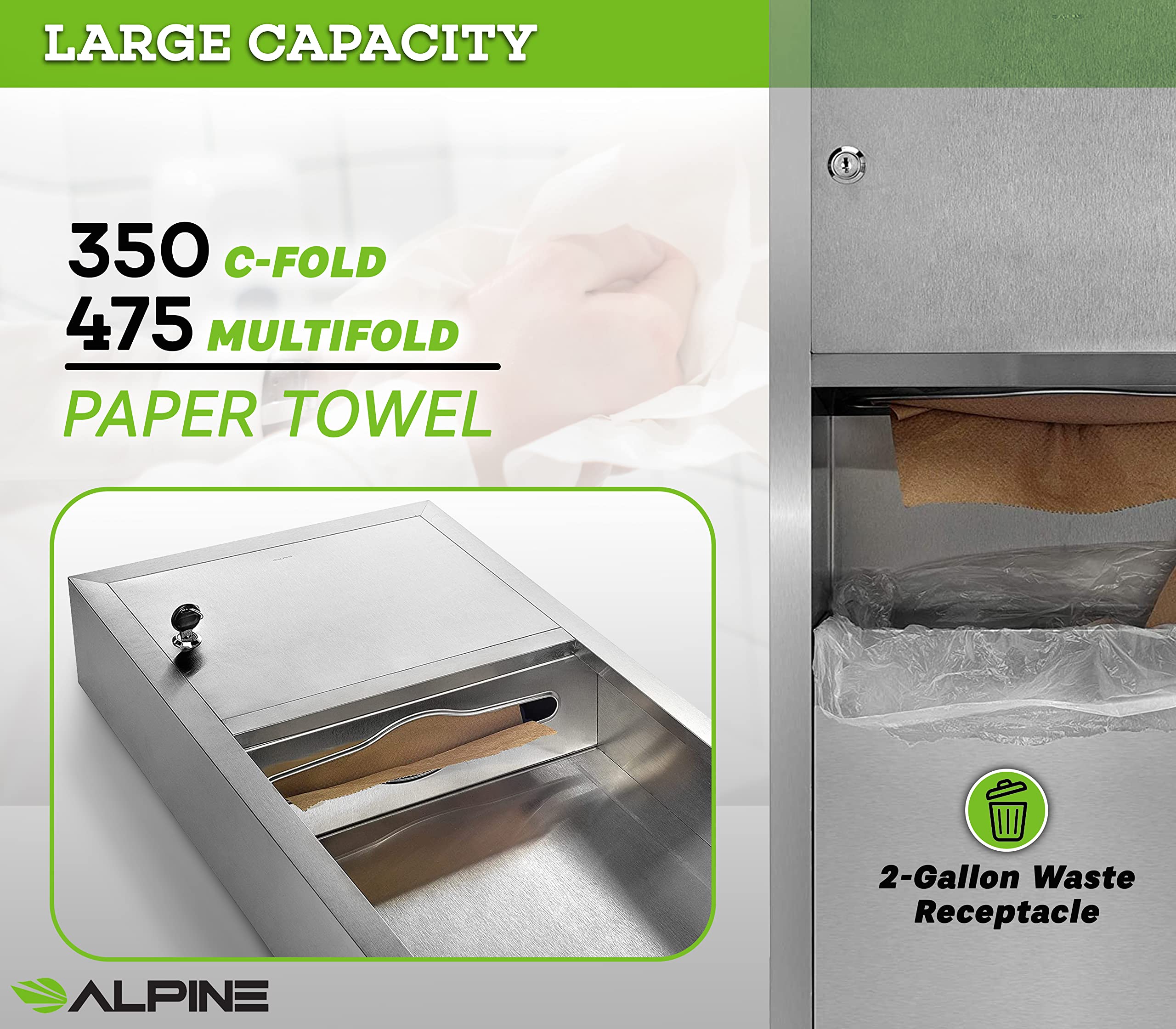 Alpine Commercial Paper Towel Dispenser and Waste Receptacle - 350 C-Fold or 475 Multifold Paper Towels (2 Gallon Capacity Trash Bin) Variation - Very Good