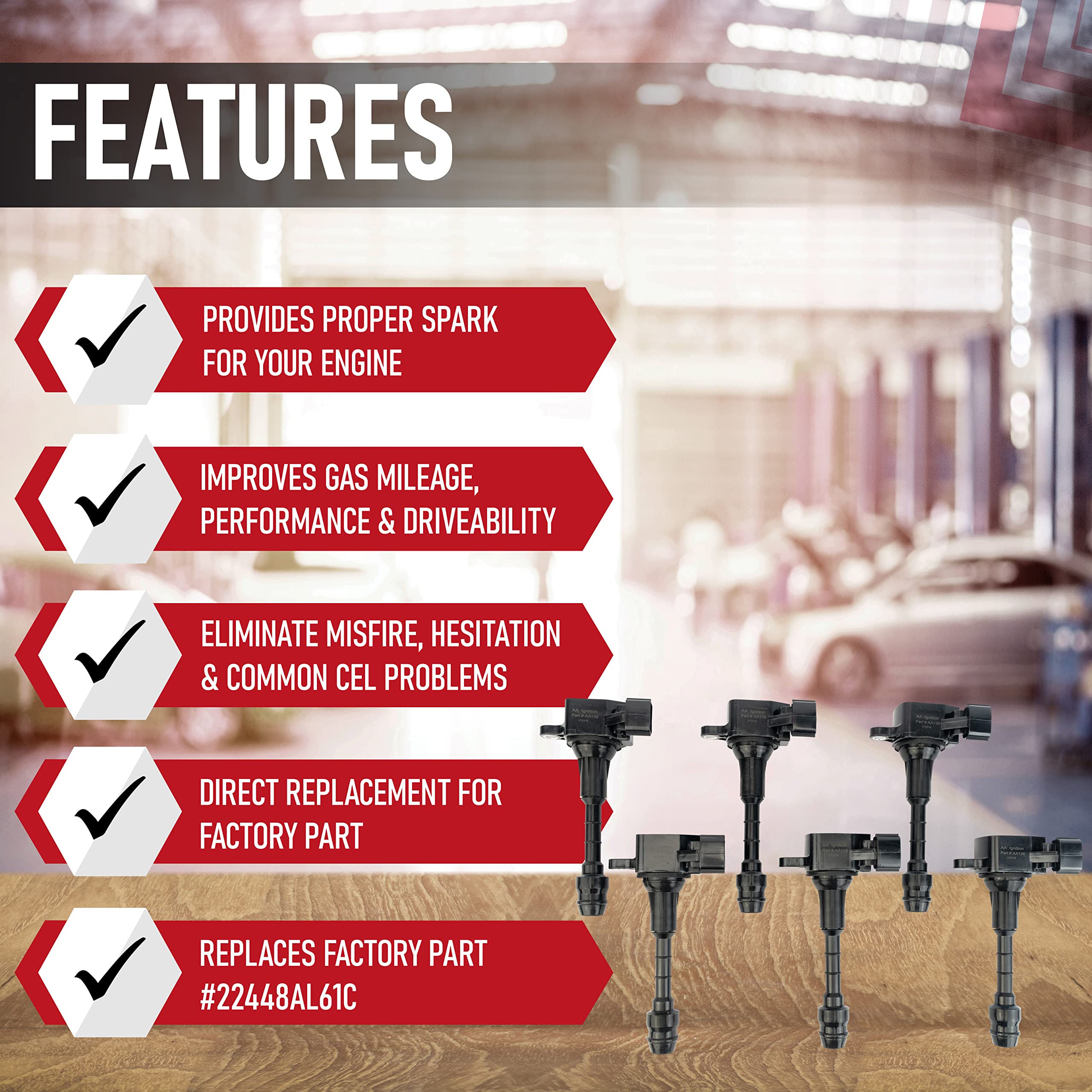 Ignition Coil Pack Set of 6 - Compatible with Infiniti FX35, G35, M35 & Nissan 350Z Vehicles - Replaces 22448-AL61C, UF401, IGC0007, 6734025, 22448AL615 - Year Models 2000-2008 - 3.5L V6 Coils - Very Good