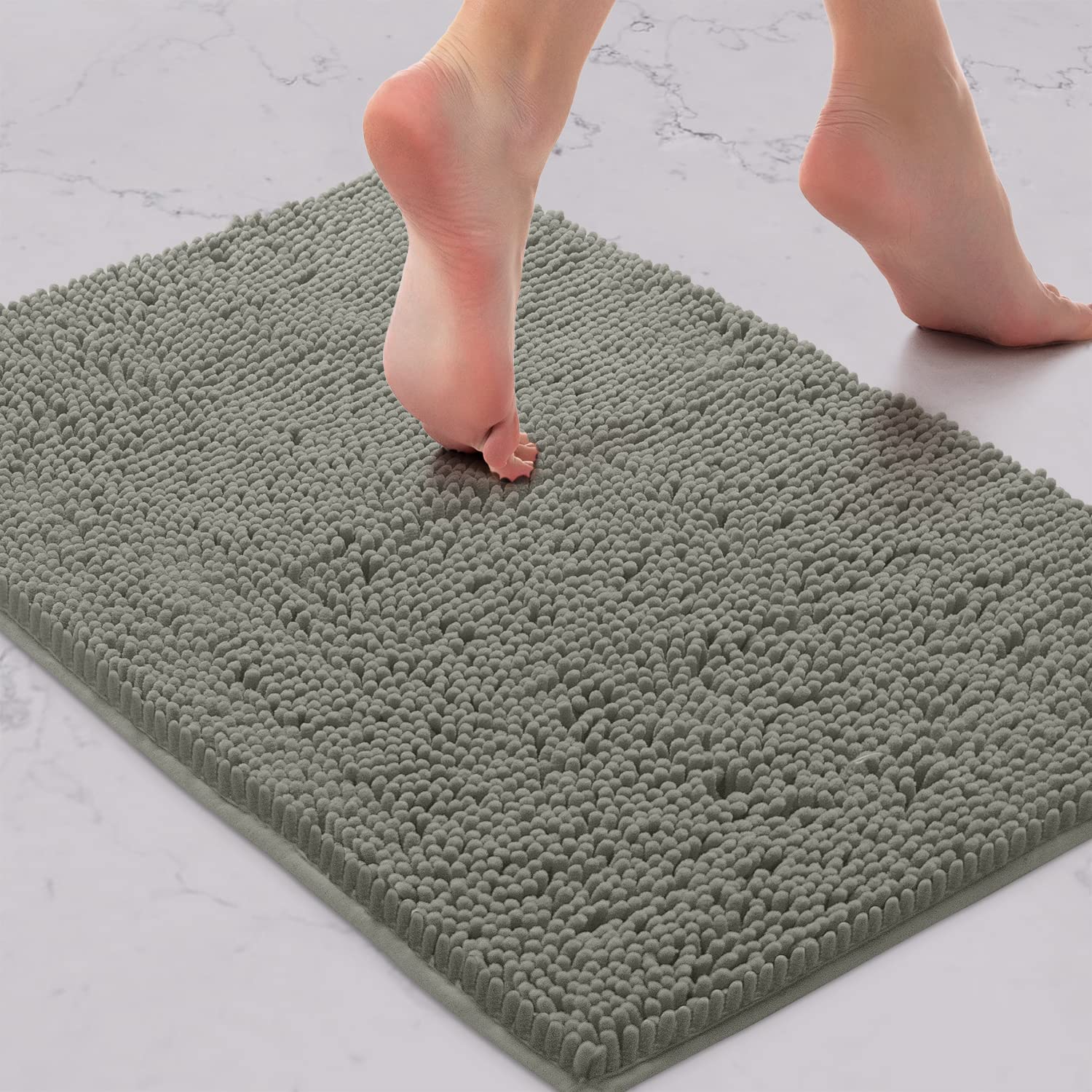 LuxUrux Bath Mat-Extra-Soft Plush Bath Shower Bathroom Rug,1'' Chenille Microfiber Material, Super Absorbent Shaggy Bath Rug. Machine Wash & Dry (24'' x 17'', Warm Grey) - Acceptable