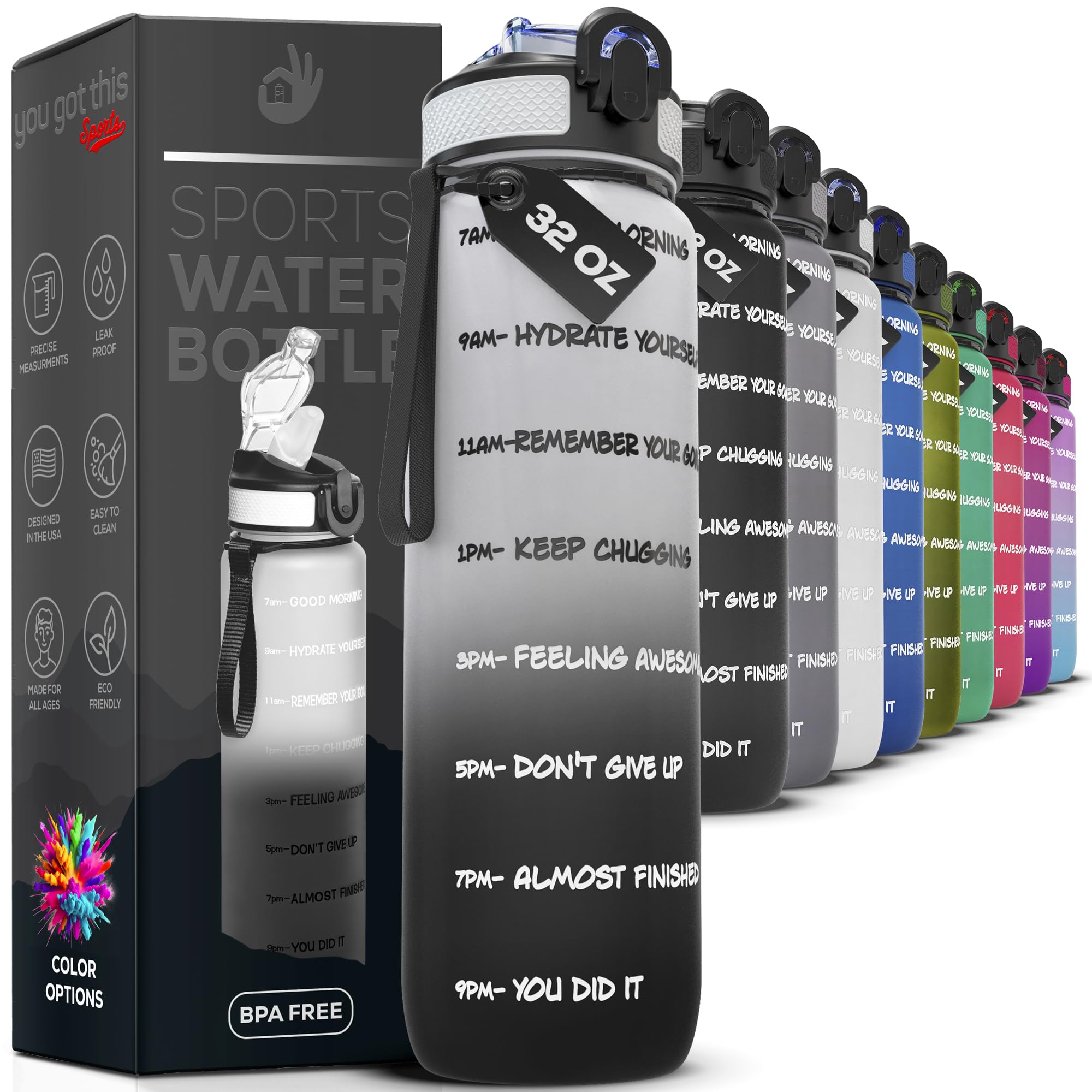 YOU GOT THIS LIVING Motivational Sports Water Bottle with Spout & Carry Handle, 32 oz/1L Water Bottle, One Hand Click Open, Achieve All-Day Hydration SpillProof,BPA FREE - Like New