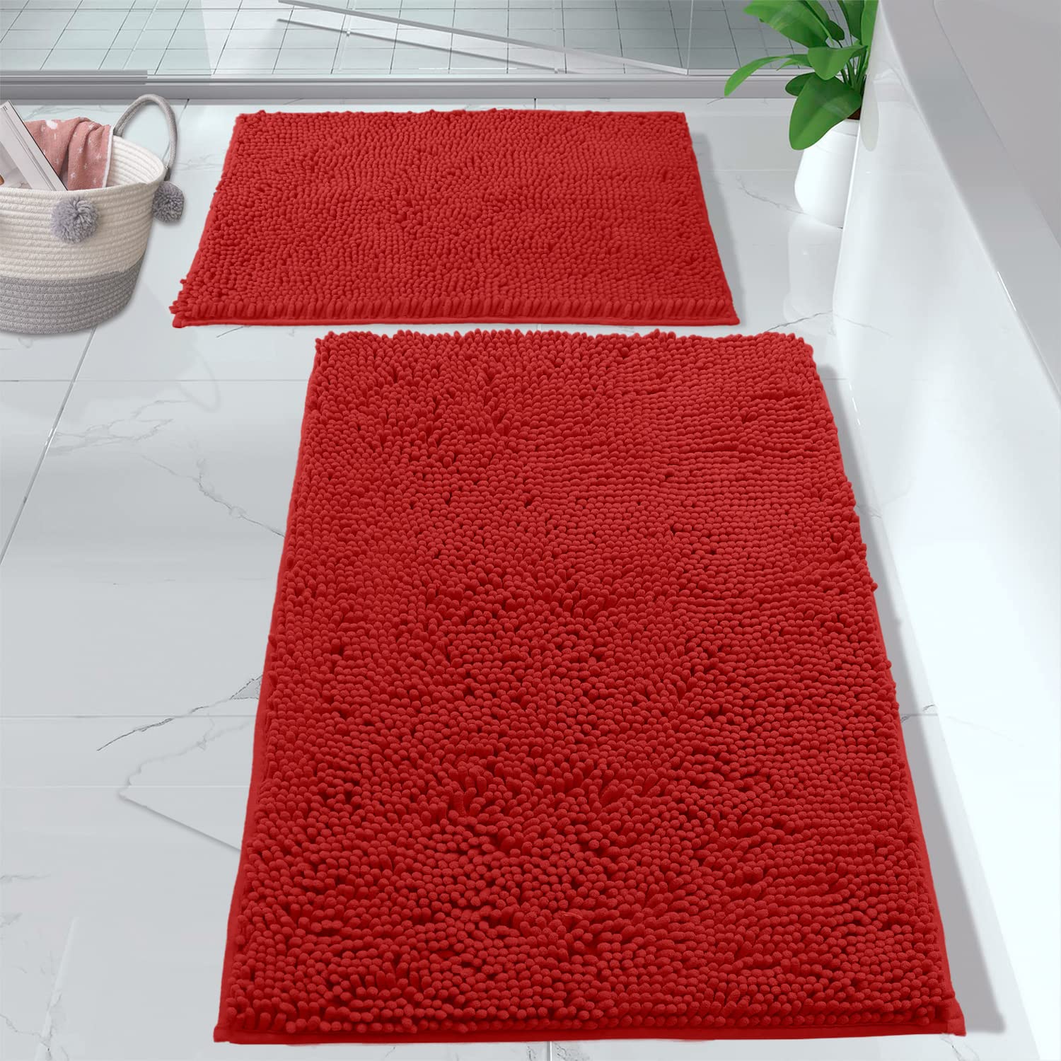 LUXURUX Red Bathroom Rugs Set-Extra-Soft Plush Bath mat Shower Bathroom Rugs,1'' Chenille Microfiber Material, Super Absorbent (Rectangular Set, Red) - Like New