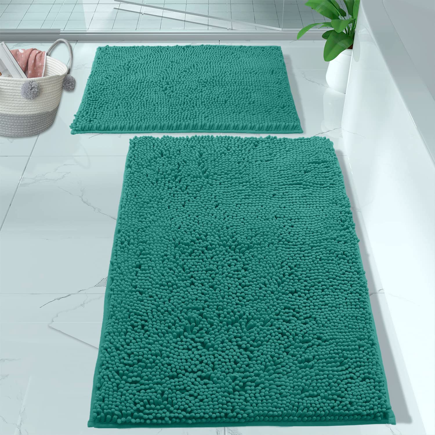 LuxUrux Teal Bathroom Rugs Set, Extra-Soft Plush Bath mat Shower Bath Mat, Includes 20 x 30'' + 15 x 23'' Chenille Rugs, Super Absorbent (Rectangular Set, Turquoise) - Like New