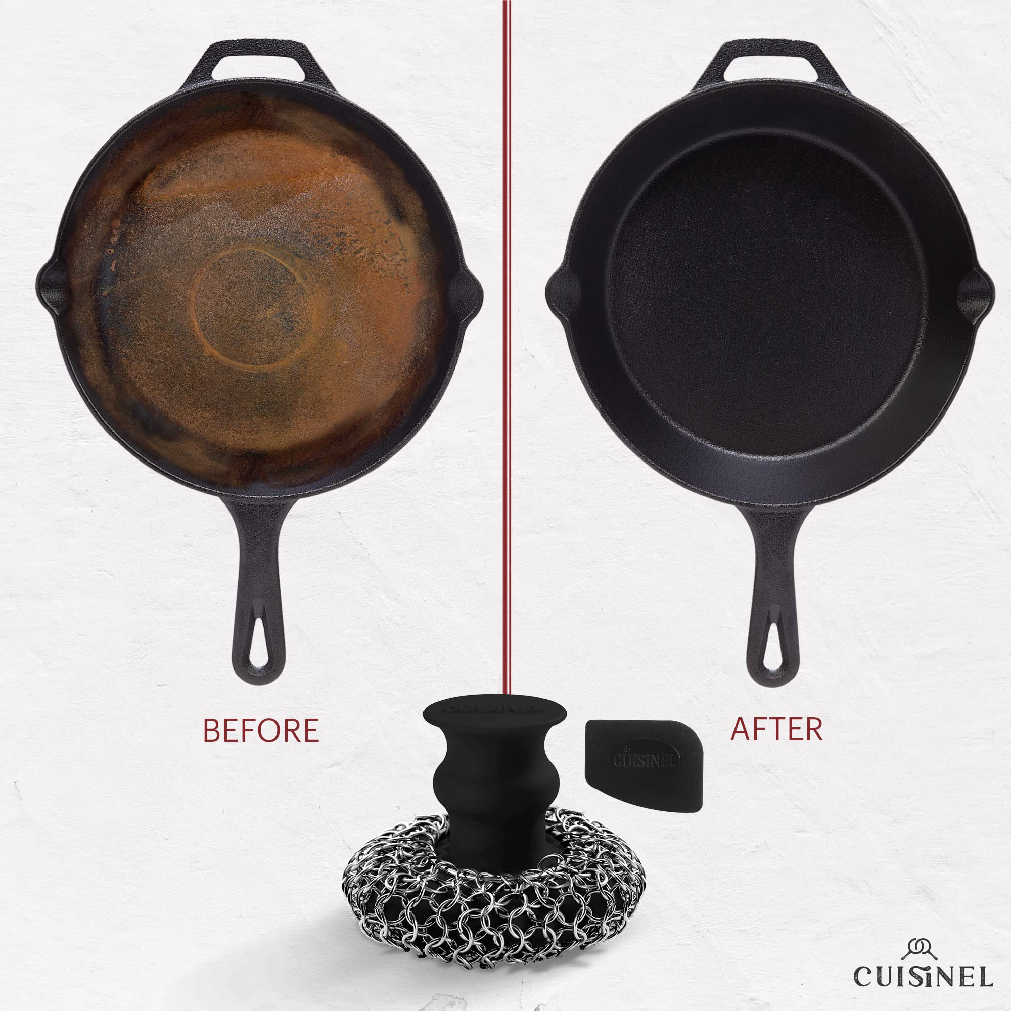 Cast Iron Chainmail Scrubber - Chain Mail Cleaner Brush - Dishes, Pots, Pan Brush - Silicone, Stainless Steel Scrub  - Acceptable