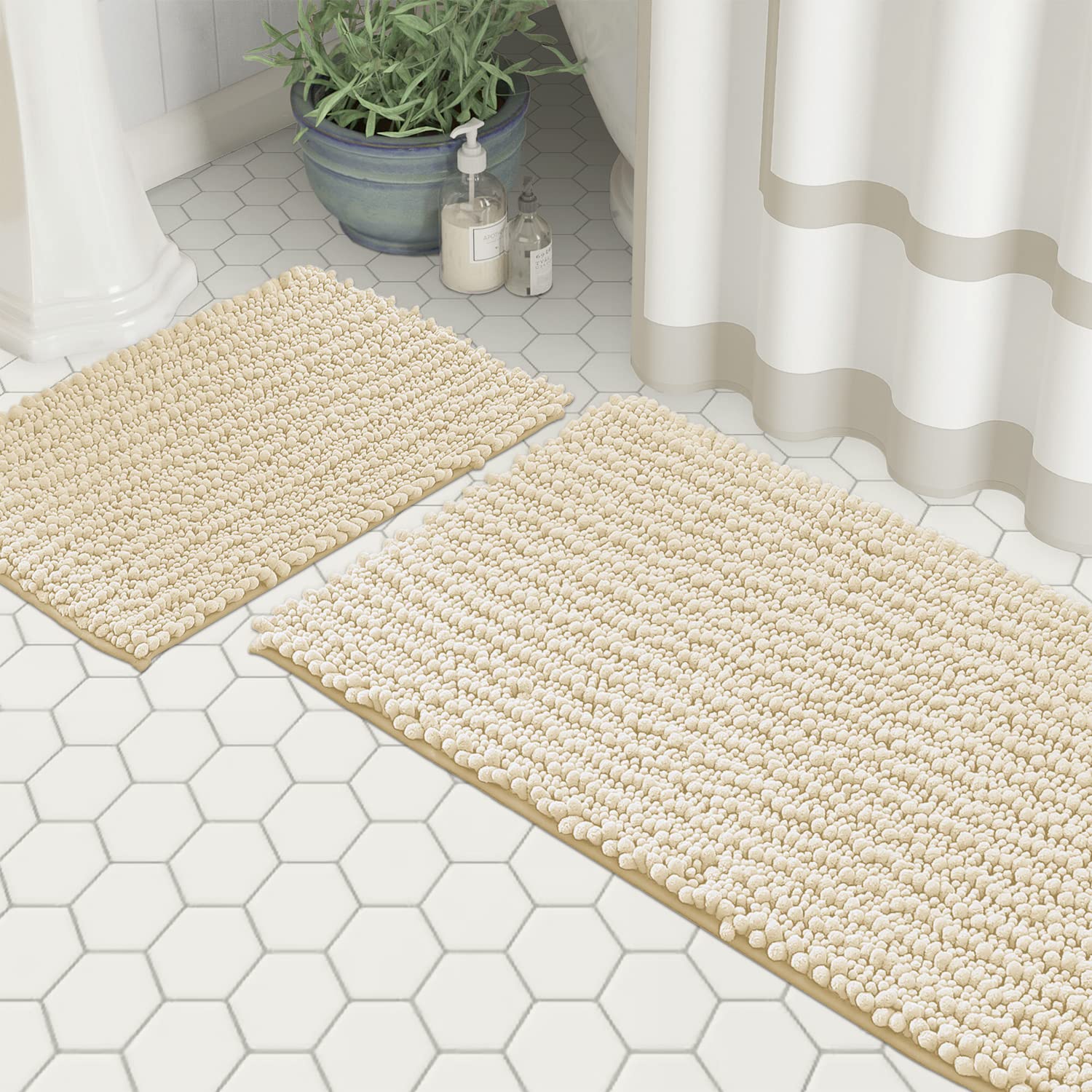 Zebrux Non Slip Thick Shaggy Bathroom Rugs, Bath Mats for Bathroom Extra Soft and Absorbent - Striped Bath Rugs Set for Indoor/Kitchen (15 x 23 +24 x 36'', Cream) - Very Good