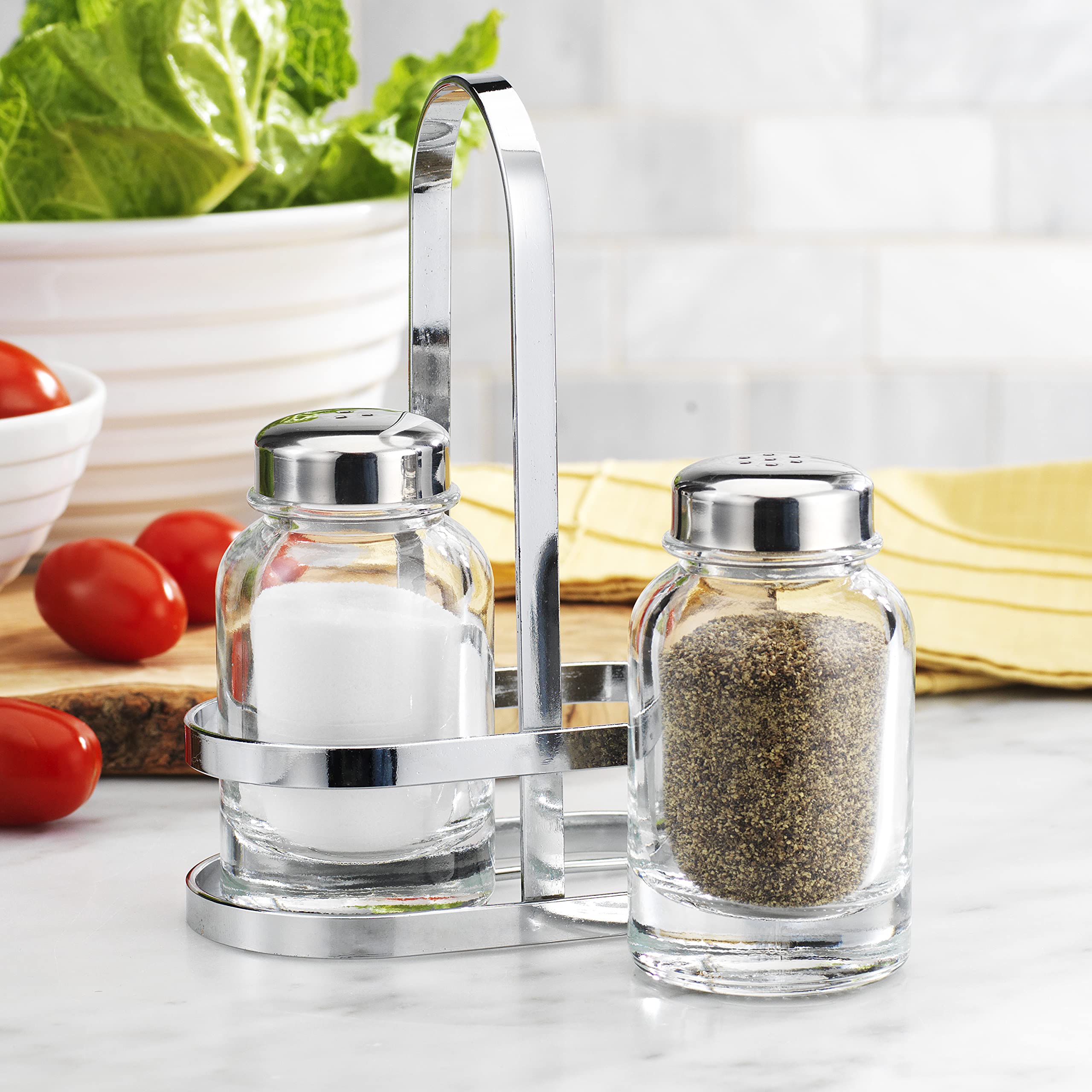 MosJos Glass Salt and Pepper Shakers - Premium Condiment Dispenser Set with Elegant Stainless Steel Lids & Holder for Vintage Farmhouse Kitchen Decor - Like New