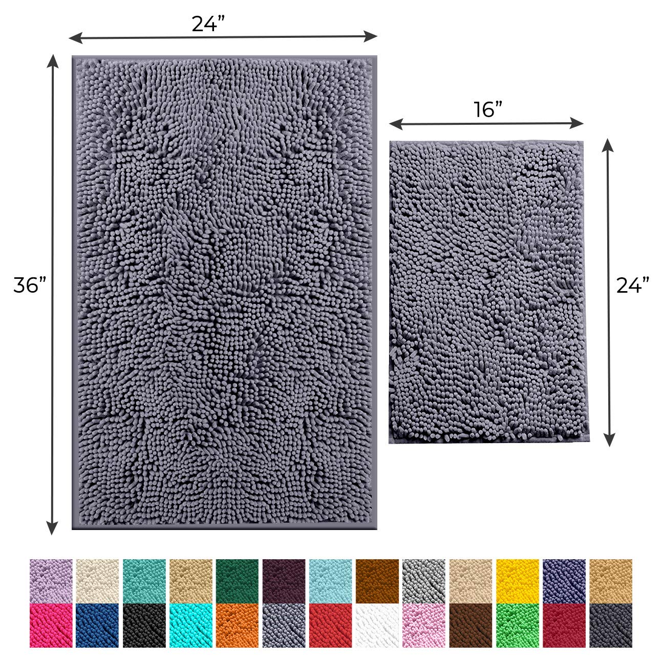 LuxUrux Bathroom Rugs 2 Piece Set�Extra-Soft Plush Bath mat Shower Bathroom Rugs,1'' Chenille Microfiber Material, Super Absorbent, Dark Gray - Like New