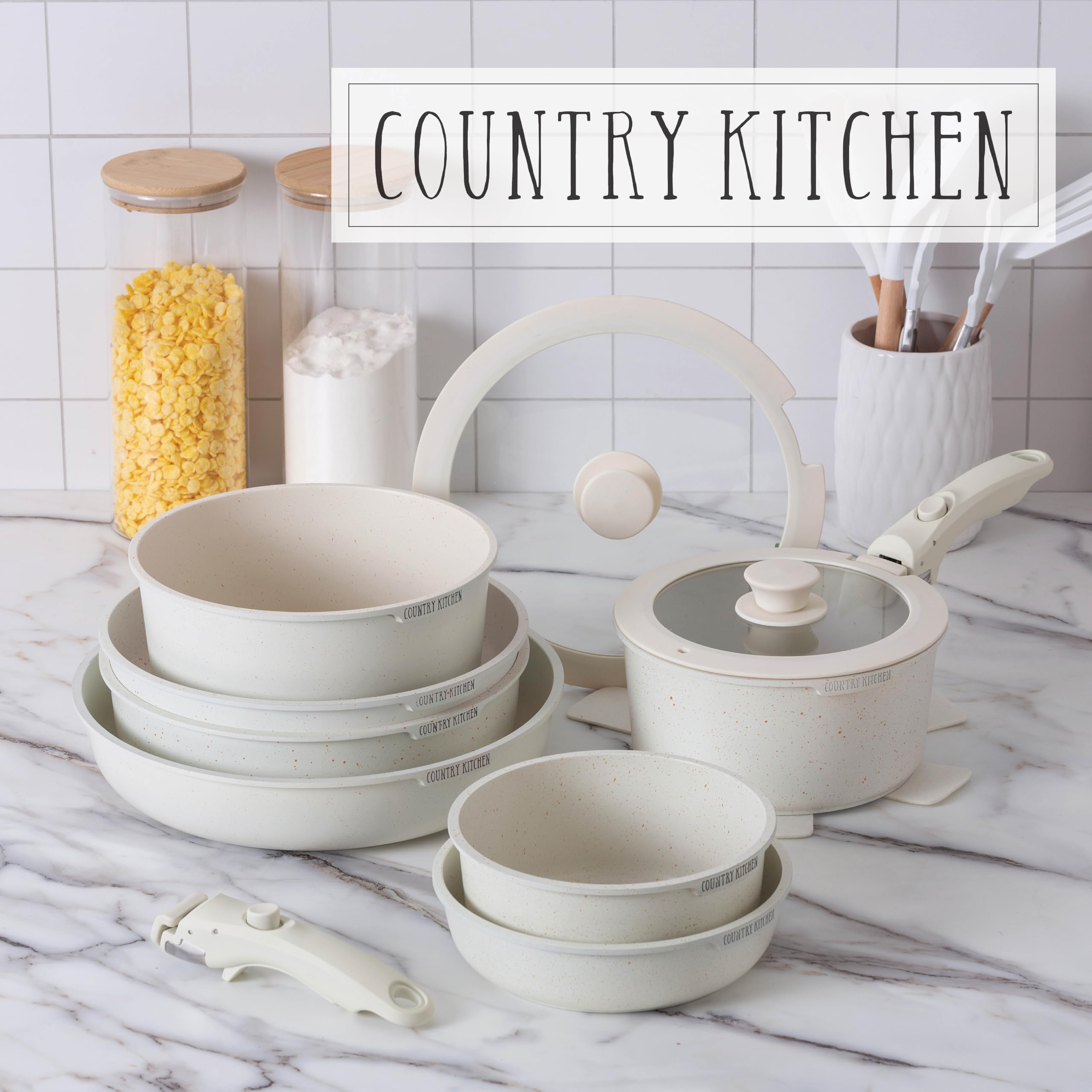 Country Kitchen Pots and Pans Set - Safe Nonstick Kitchen Cookware with Removable Handle, RV Cookware Set, Oven Safe - Like New