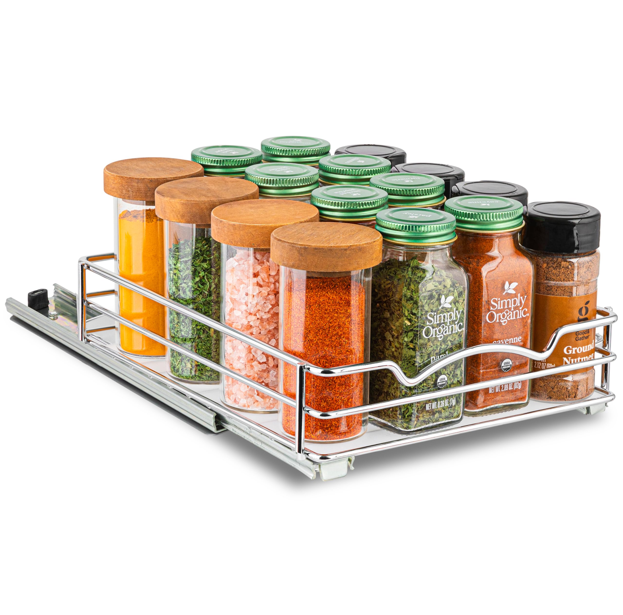 HOLD N' STORAGE Premium Pull-Out Spice Rack - 8-3/8"W x 10"D - Anti-Rust Chrome Finish - Heavy Duty with 5-Year Limited Warranty- Fits 4 Rows of Standard Spice Jars - Like New