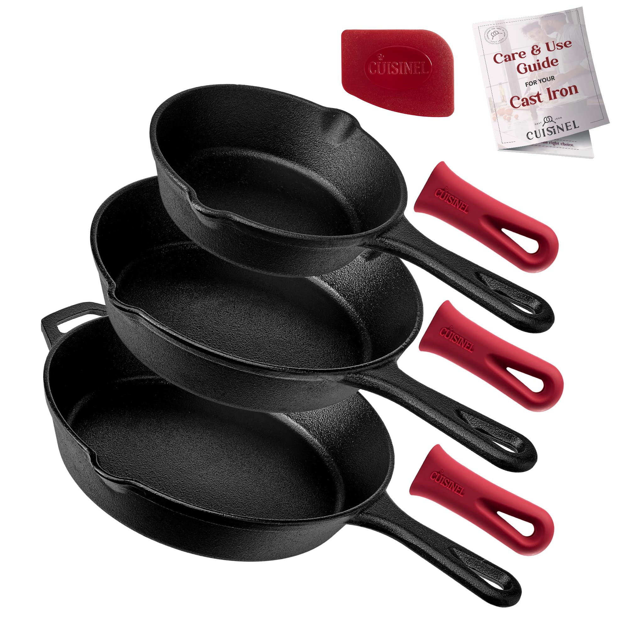 Cuisinel Cast Iron Grill Pan + Glass Lid - Square 10.5"-Inch Pre-Seasoned Skillet + Handle Cover + Pan Scraper - Grille, Firepit, Stovetop, Induction Safe - Great for Grilling, Frying, Sautéing  - Good