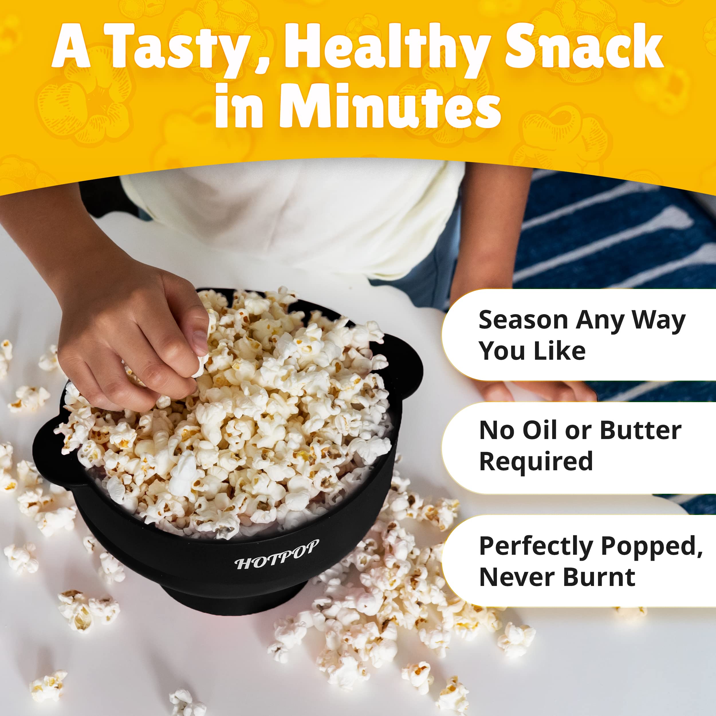 The Original Hotpop Microwave Popcorn Popper, Silicone Popcorn Maker, Collapsible Bowl BPA-Free and Dishwasher Safe- 20 Colors Available (Black) - Good