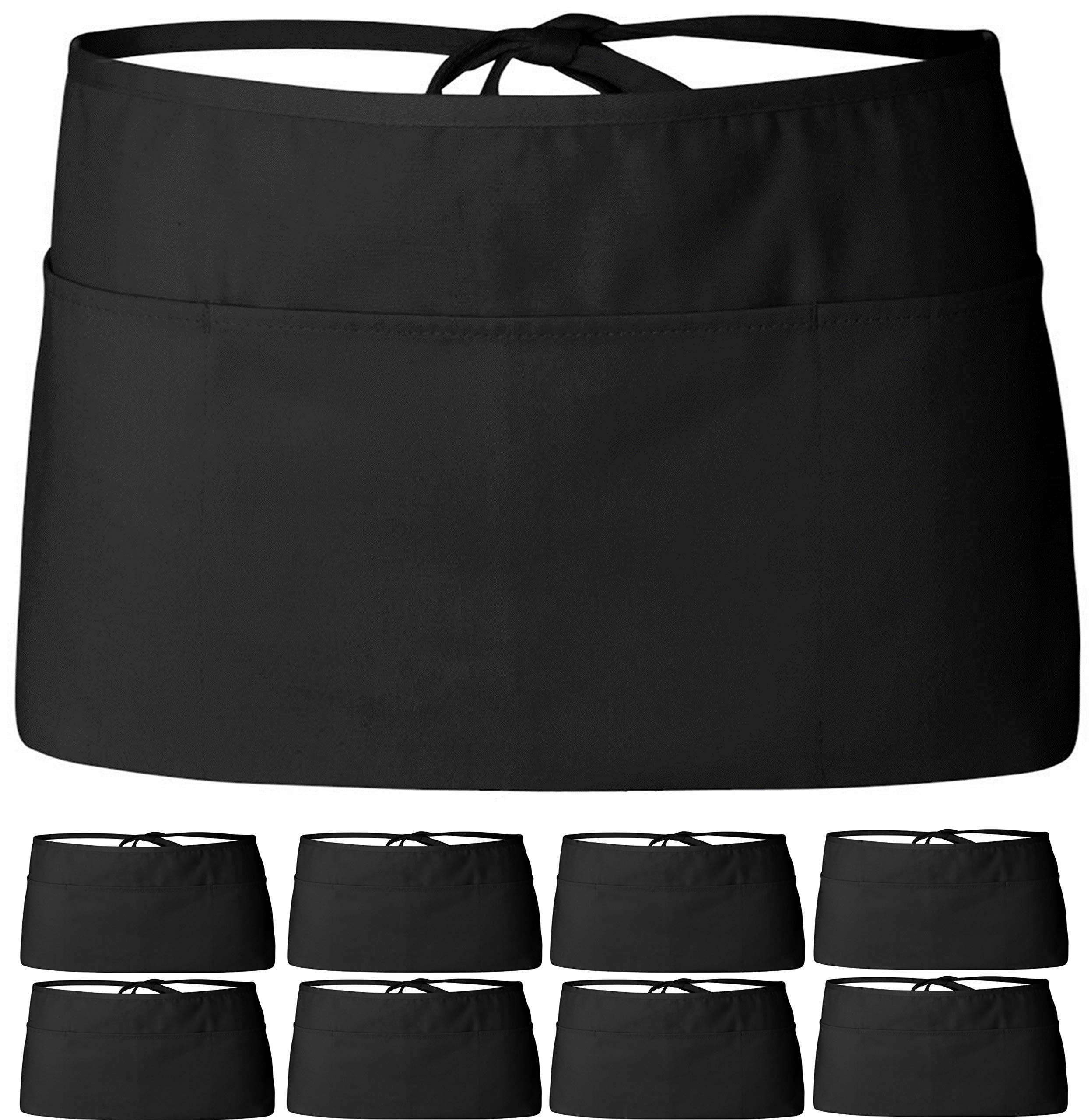 White Classic 12 Pack - Black Server Waist Aprons, Waitress Half Apron - Acceptable