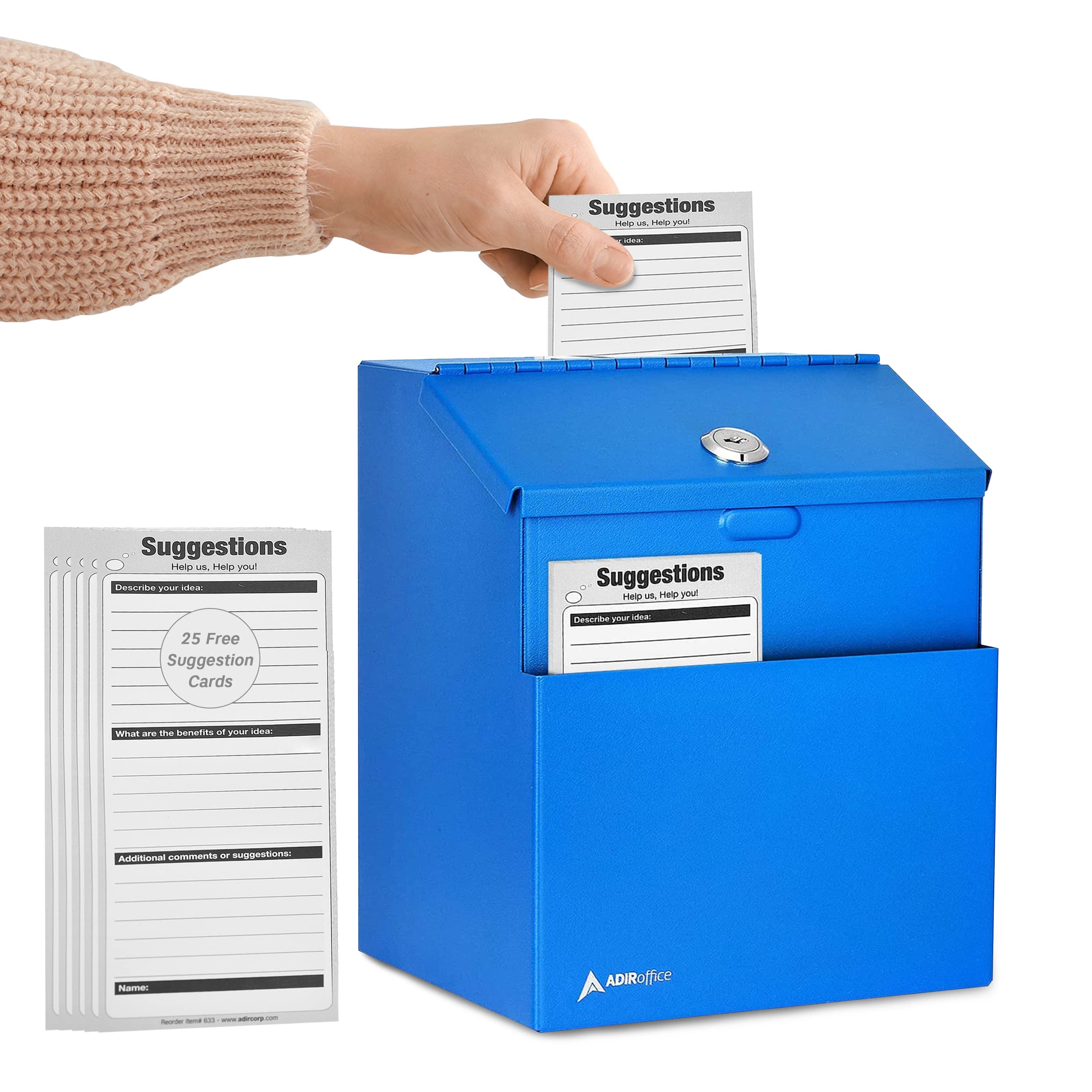 Adir Suggestion Box with Slot and Lock with 25 Comment Cards and Label Stickers, Wall Mounted Metal Donation Box for Fundraising, Tip Cash Drop Box for Money, Ballot Box Blue - Very Good