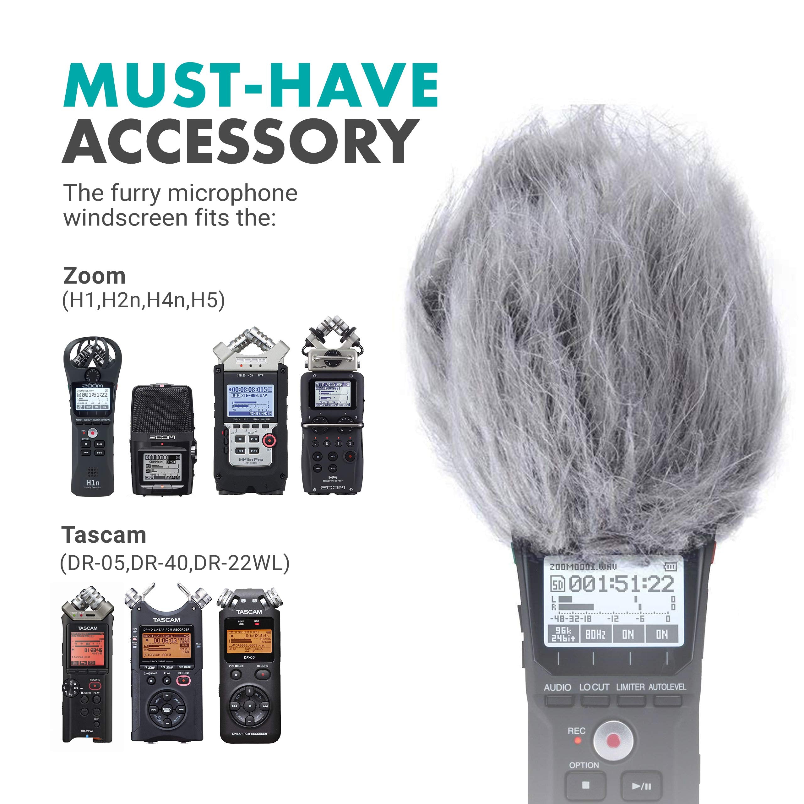 Movo WS2 Furry Microphone Windscreen Muff for Microphones and Recorders up 3" X 80mm (L x D) Fits Zoom H1n, H2n, H4n, H5, Tascam DR-05, and More (Light Gray) - Like New