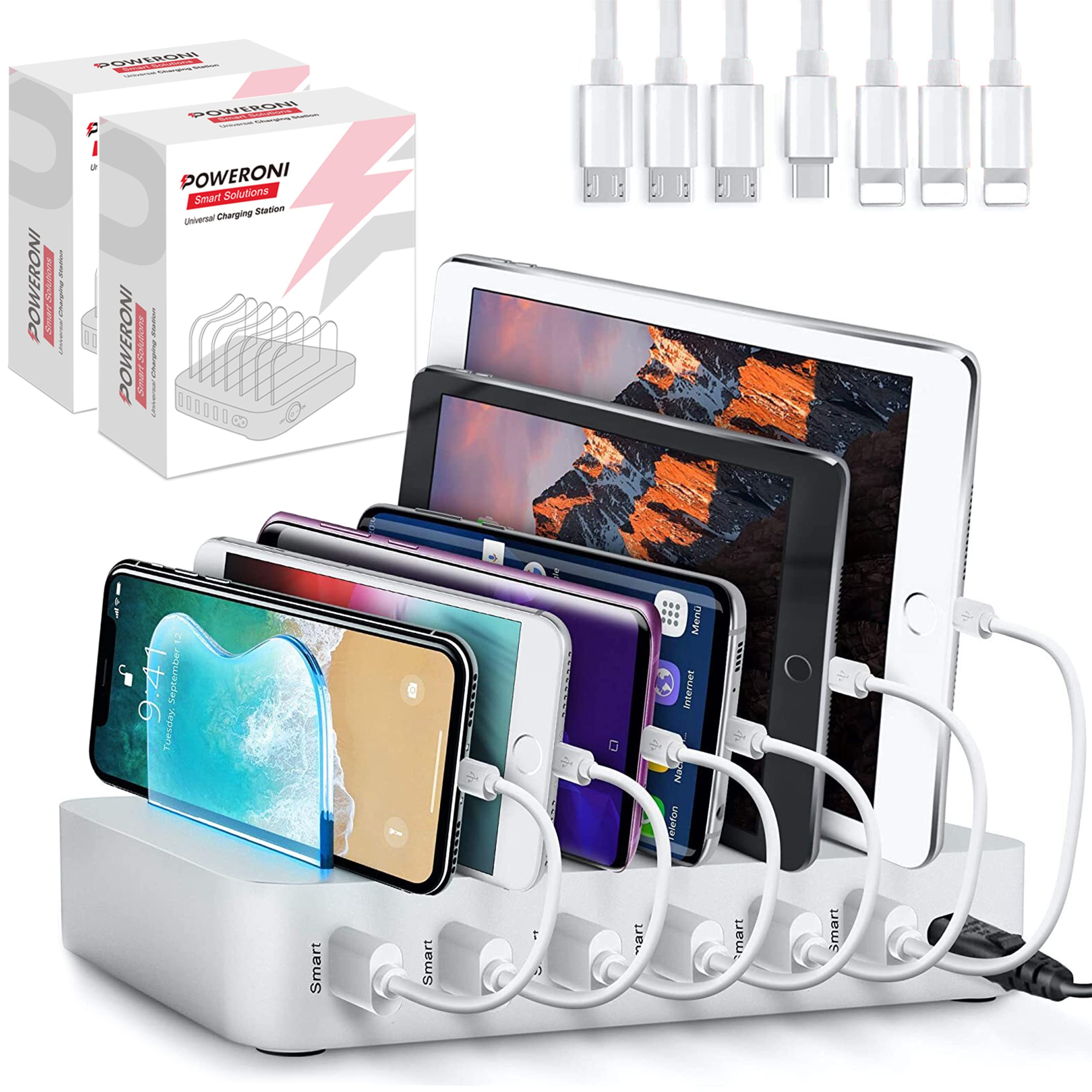 Poweroni USB Charging Dock - 6-Port (2 Pack) - Fast Charging Station for Multiple Devices Apple - Multi Device Charger Station - Compatible with Apple iPad iPhone and Android Cell Phone and Tablet - Acceptable