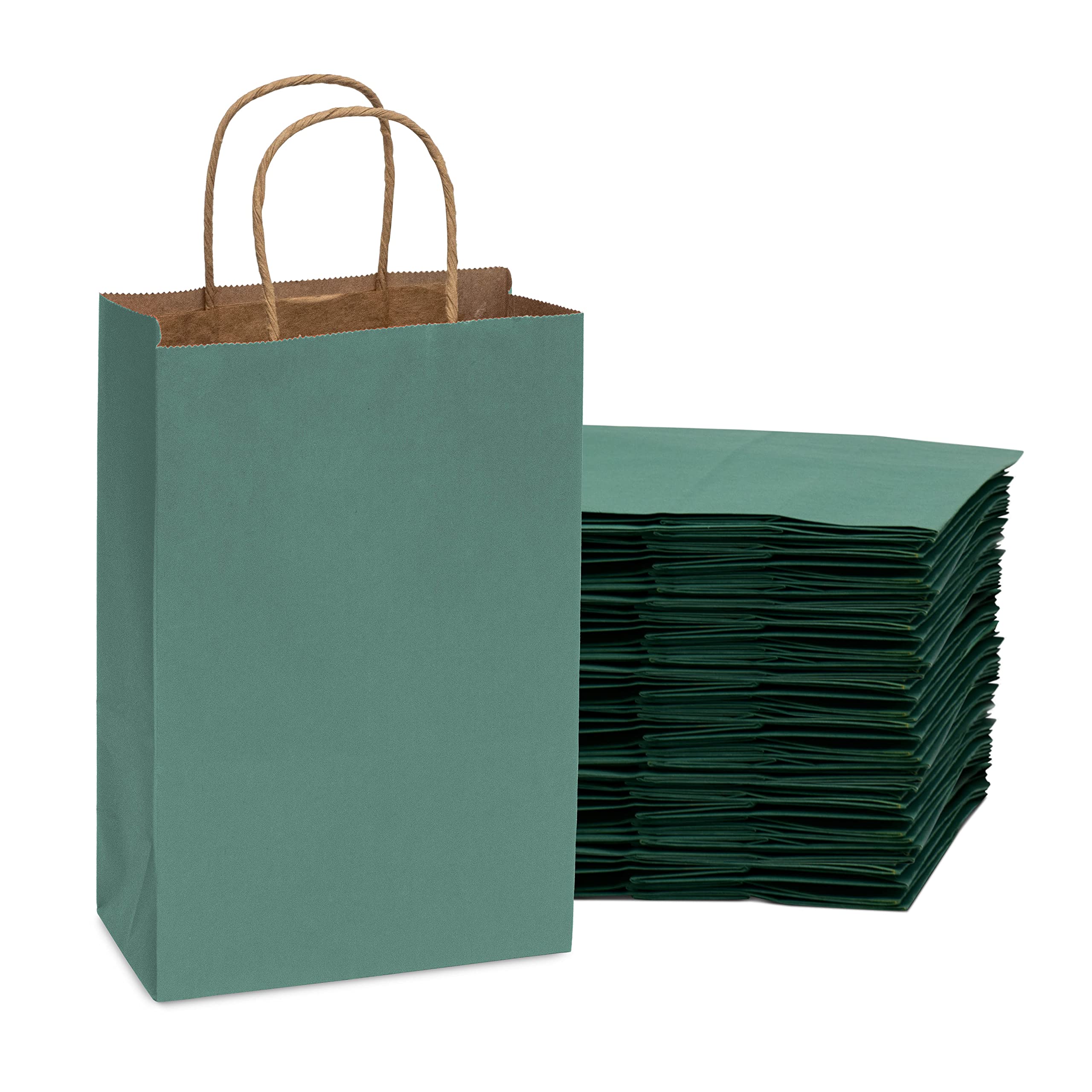 Green Gift Bags - 6x3x9 Inch 100 Pack Small Kraft Paper Shopping Bags with Handles, Craft Totes in Bulk for Boutiques, Small Business, Retail Stores, Birthday Parties, Jewelry, Merchandise, Bulk - Acceptable