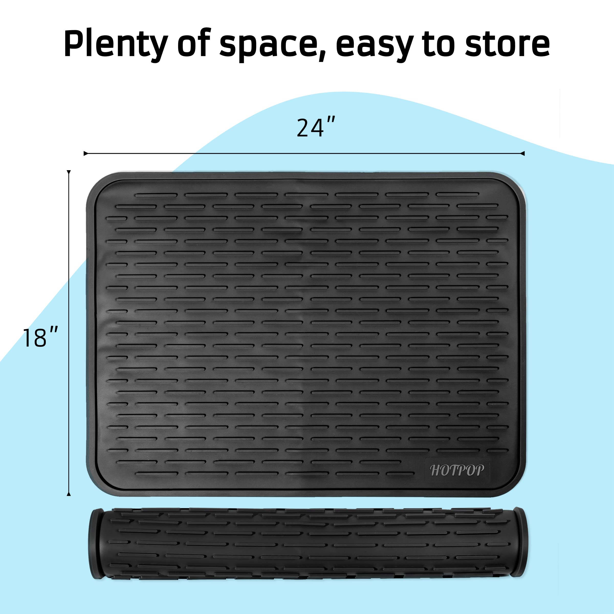 HOTPOP XXL 24"x18" Large Black Dish Silicone Drying Mat & Trivet - Dishwasher Safe, Heat Resistant, Eco-Friendly - Rubber Dish Drying Mat, Silicone Dish Mat for Kitchen Counter (24x18 Inches) - Acceptable