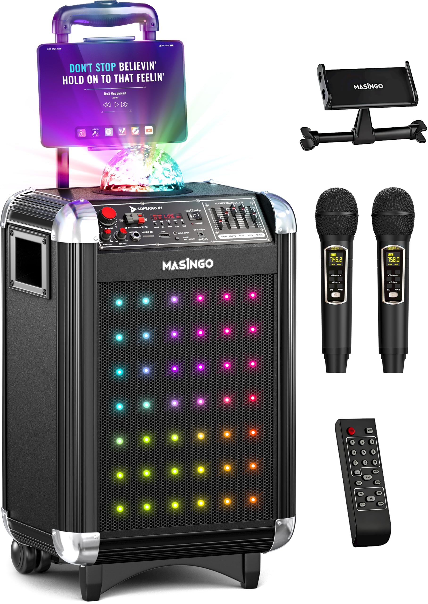 MASINGO Karaoke Machine for Adults and Kids with 2 Bluetooth Wireless Microphones. Portable Singing PA Speaker System with Disco Ball Party Lights, Lyrics Display Tablet Holder & TV Cable. Soprano X1 - Like New