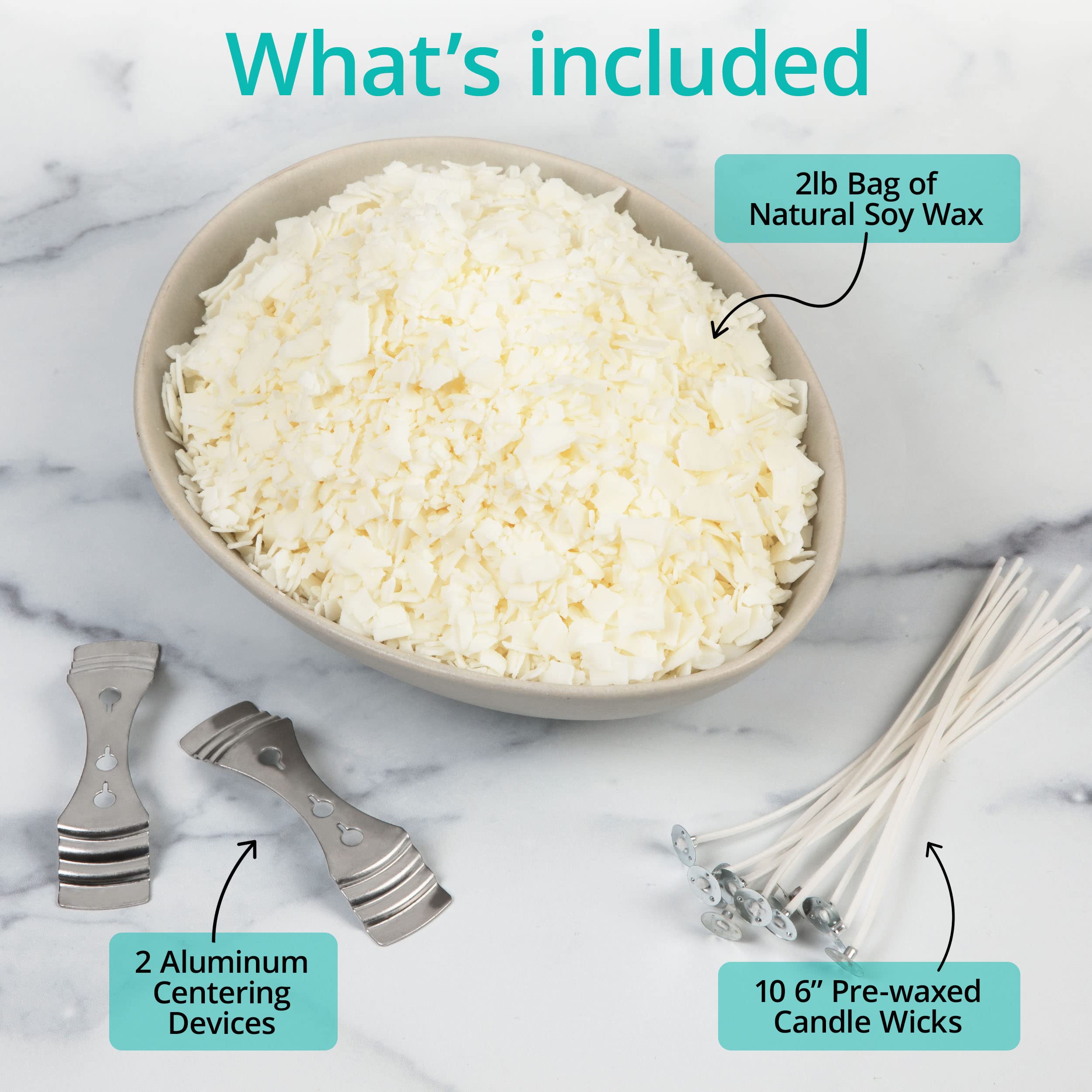 Hearts & Crafts Natural Soy Wax for Candle Making - 2 lbs Natural Soy Wax - 10 6-Inch Pre-Waxed Candle Wicks, 2 Metal Centering Devices, 2 lbs Soy Wax Flakes - Candle Wax & Candle Making Wax Supplies - Like New