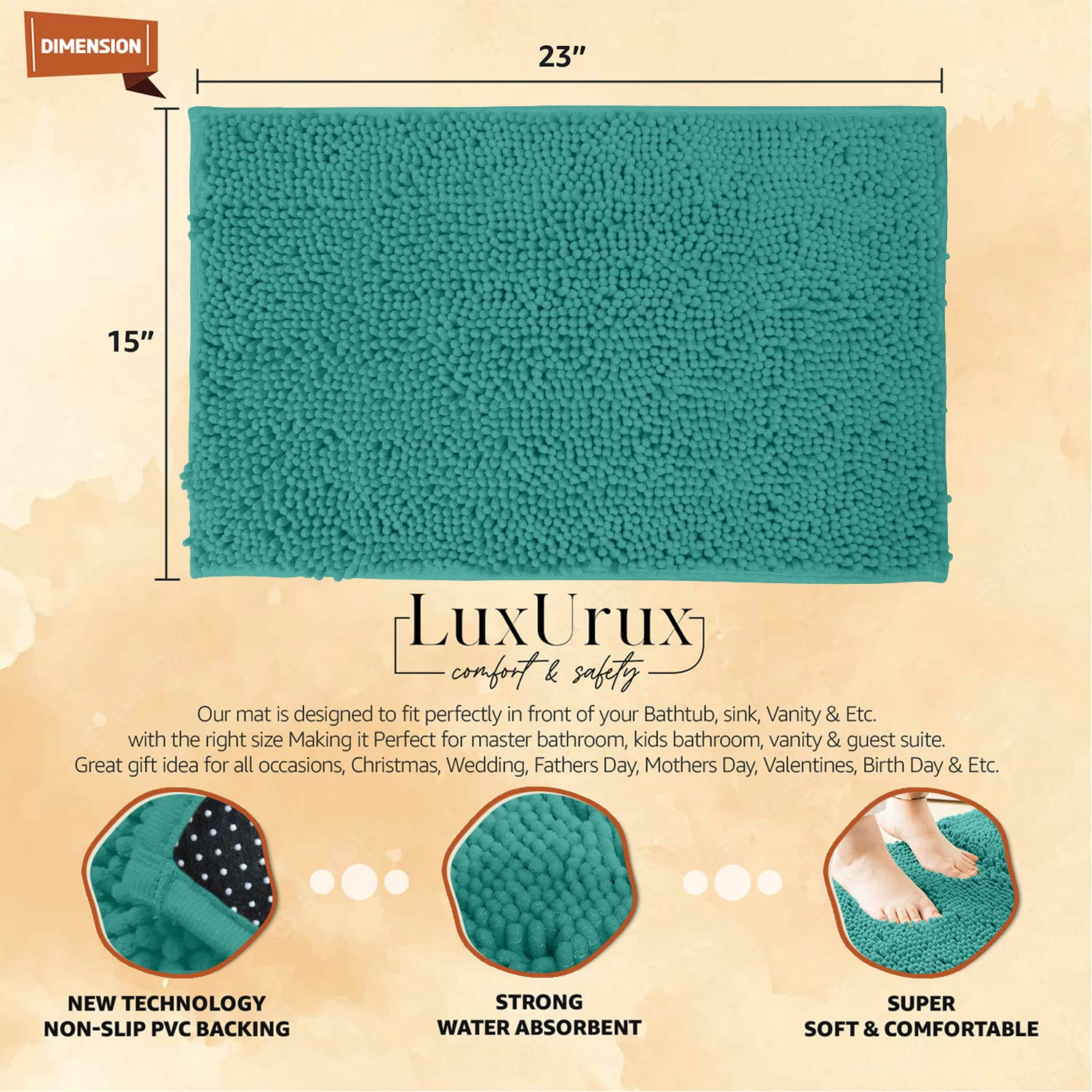 LuxUrux Teal Bath Mat, Extra-Soft Plush Bath Shower Bathroom Rug,1'' Chenille Microfiber Material, Super Absorbent Shaggy Bath Rug. Machine Wash & Dry (24'' x 17'', Turquoise) - Very Good