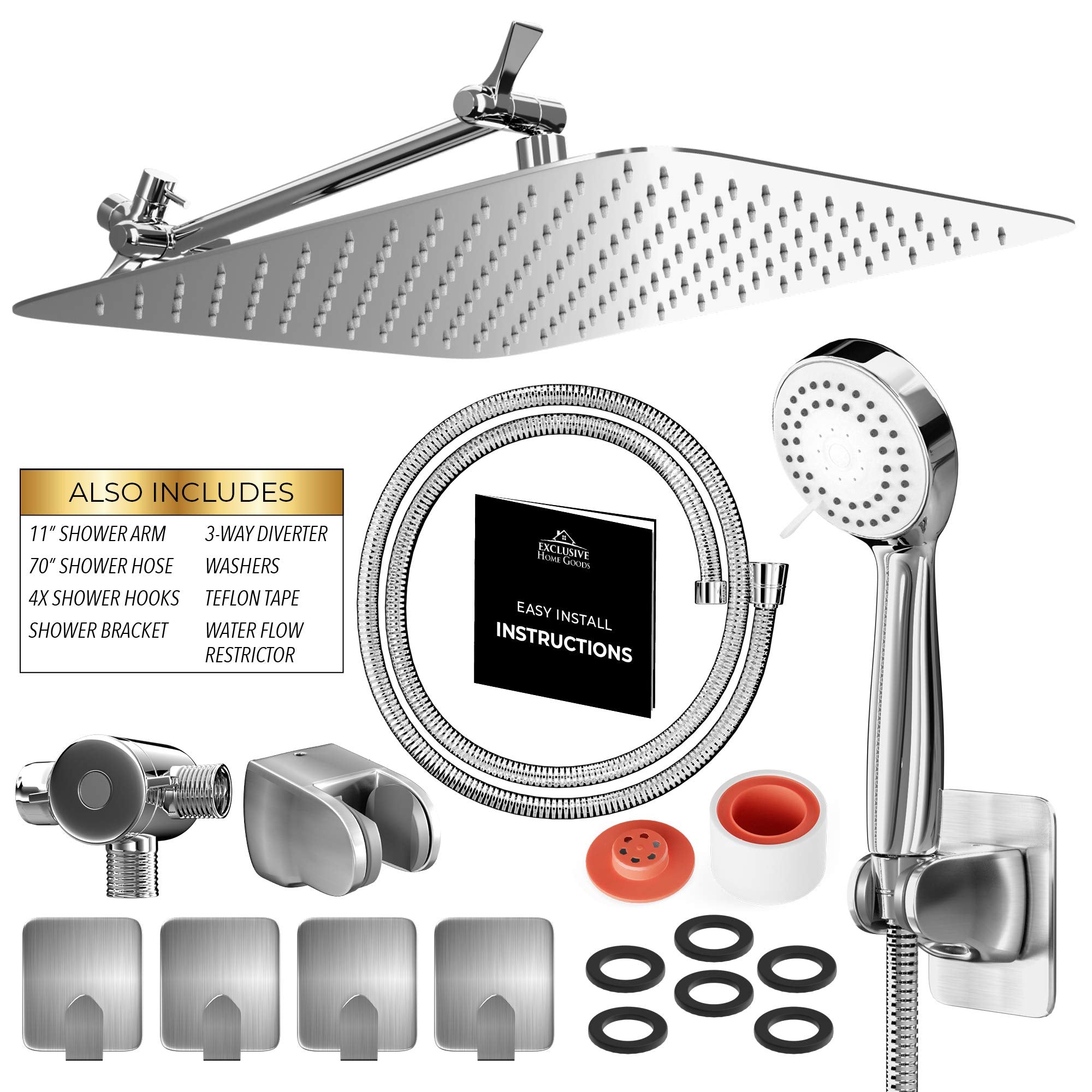 High Pressure Rainfall Shower Head and Hand Held Shower Head Combo with 70 Inch Hose for Bath and Adjustable Extender Arm - Easy Install Anti Clog Jet Nozzles - Universal Fit for High, Low Water Flow - Very Good