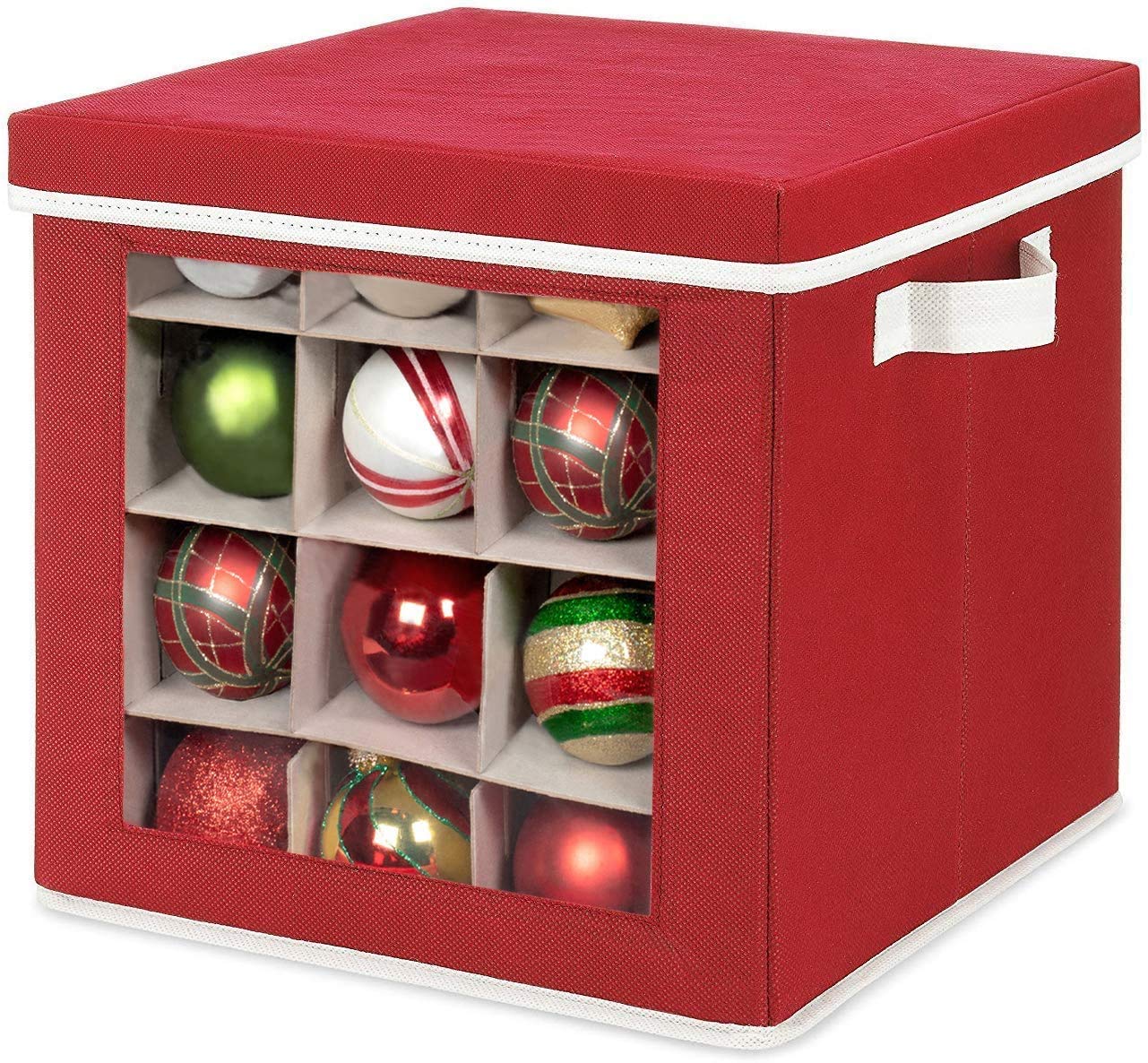 Whitmor Holiday Ornaments Storage Cube with 64 Individual Compartments - Made with Non-Woven Polypropylene Fabric - Transparent Cover for Easy Viewing - Removable Top and Convenient Handle - Like New
