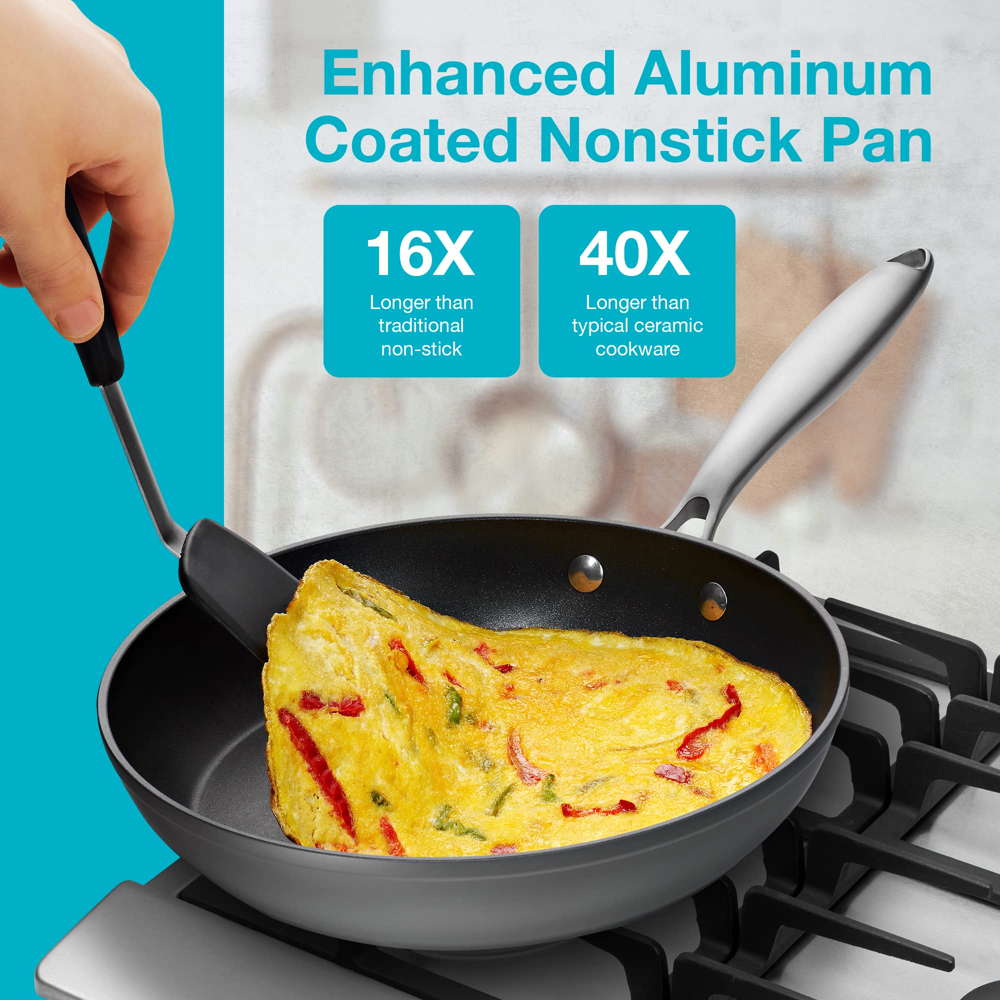 Belwares Nonstick Frying Pan with Spatula & Lid - 10 Inch Non Stick Skillet Egg Frying Pan - Lightweight Aluminum Hard-Anodized Fry Pan for Kitchen Cooking with Gas, Electric, Oven or Induction - Like New