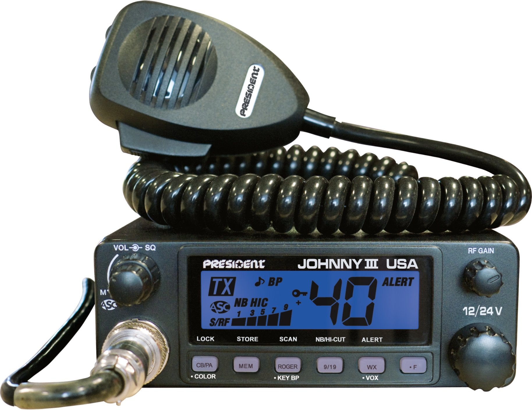 President Johnny III USA 40 Channel CB Radio 12 or 24V, Black - Like New