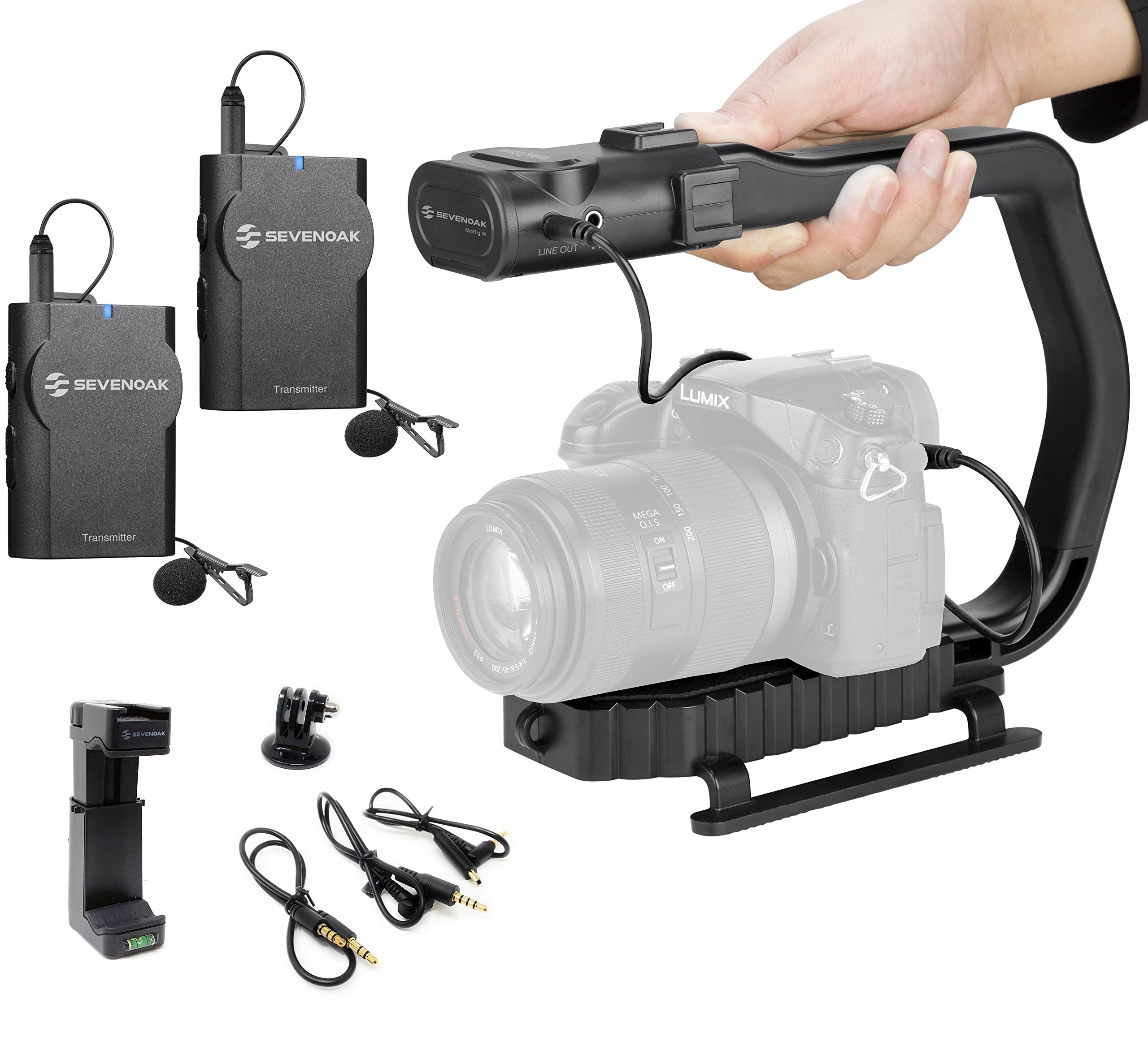 Movo MicRig-W2 Wireless Microphone Filmmaker Kit - Video Handle Stabilizer with Built-in Dual Wireless Lavalier Microphone Compatible with Canon EOS, Nikon, Sony, Panasonic DSLR and Mirrorless Cameras - Acceptable