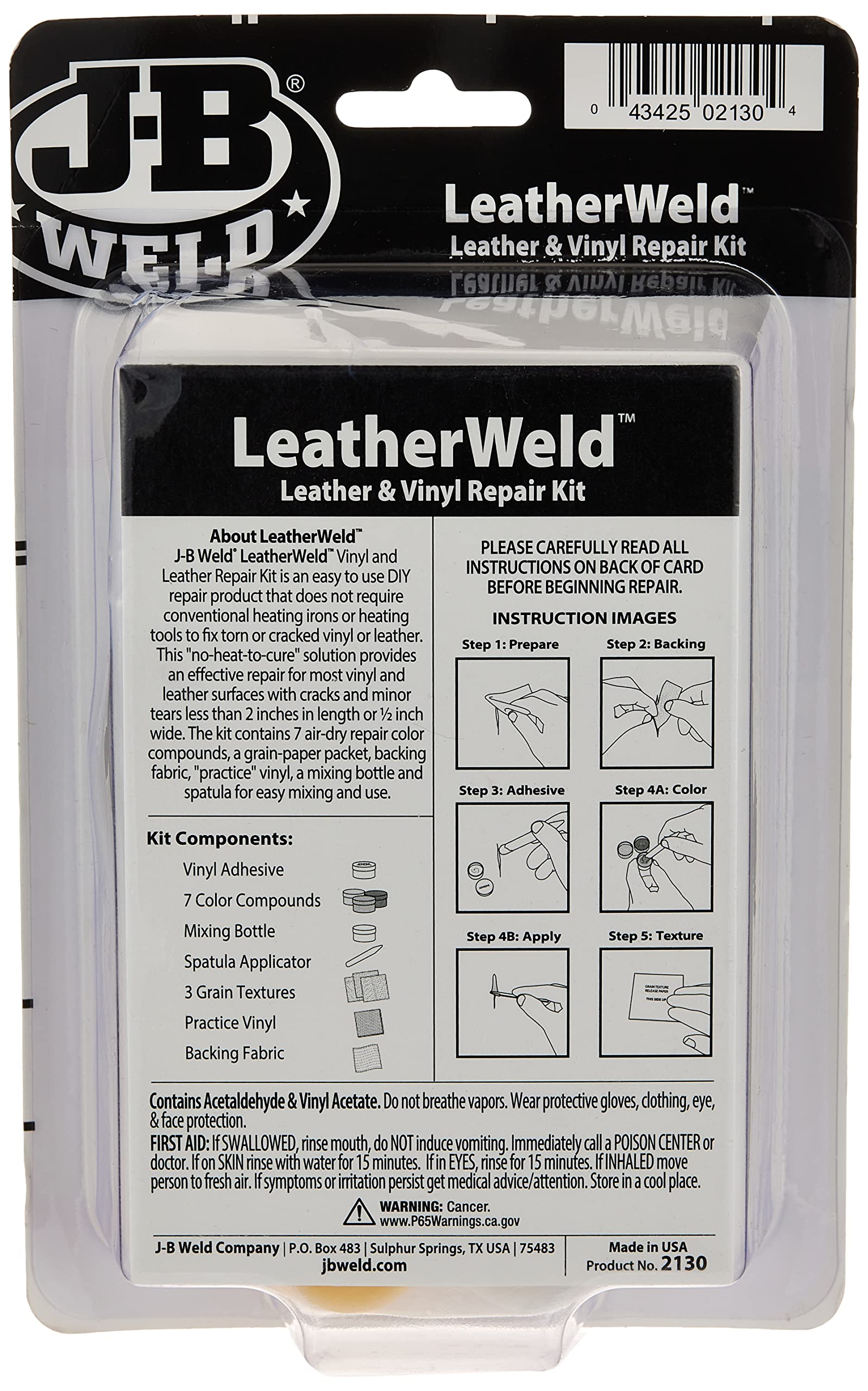 J-B Weld 2130 Vinyl and Leather Repair Kit, 2 fl. oz - Like New