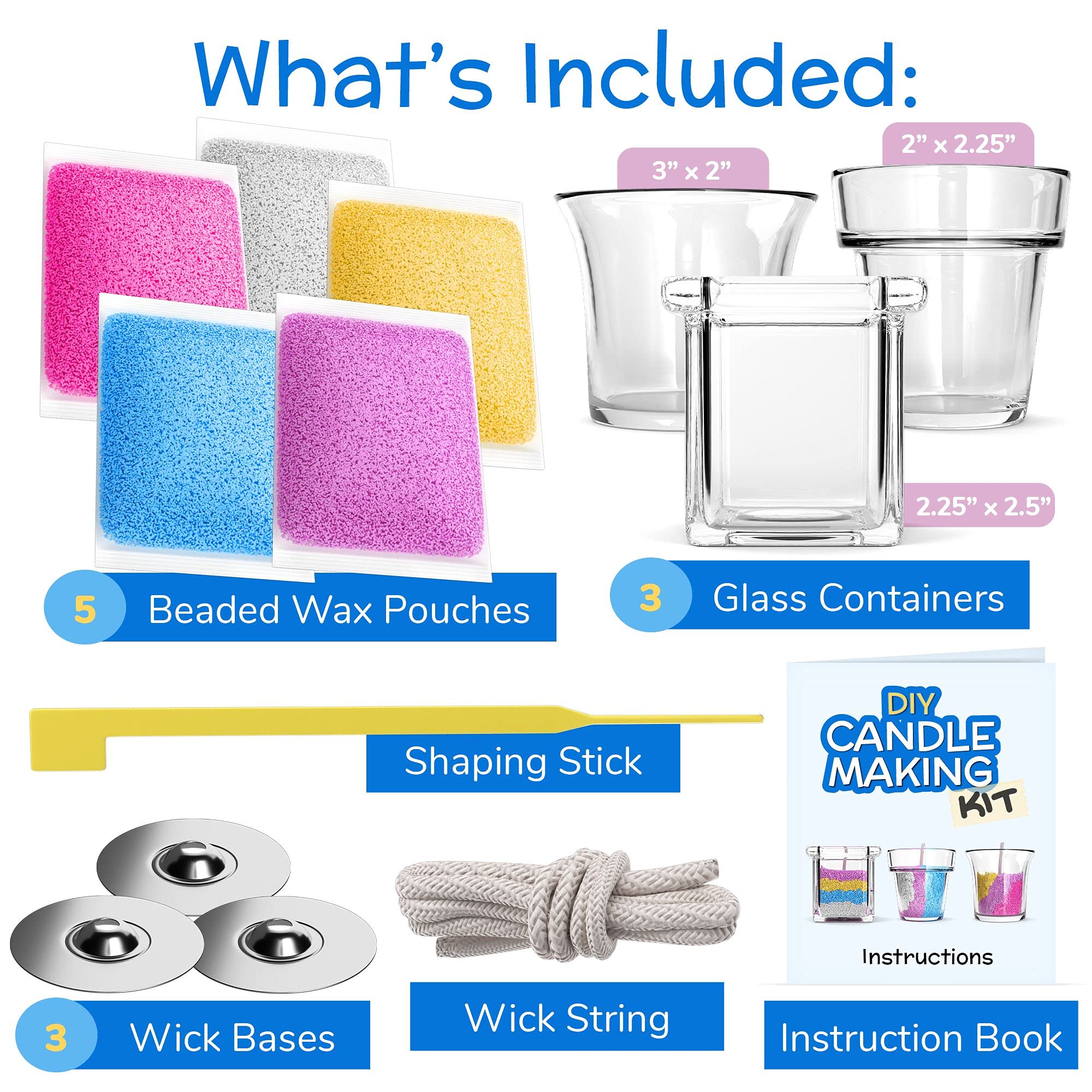 Rachel's Art - Candle Making Kit for Kids - DIY Kids Candle Making Kit - Design and Make Your Own Candles - Craft Supplies & Materials - 3 Glass Candle Containers, 3 Wicks, 5 Bags of Colored Wax - Like New