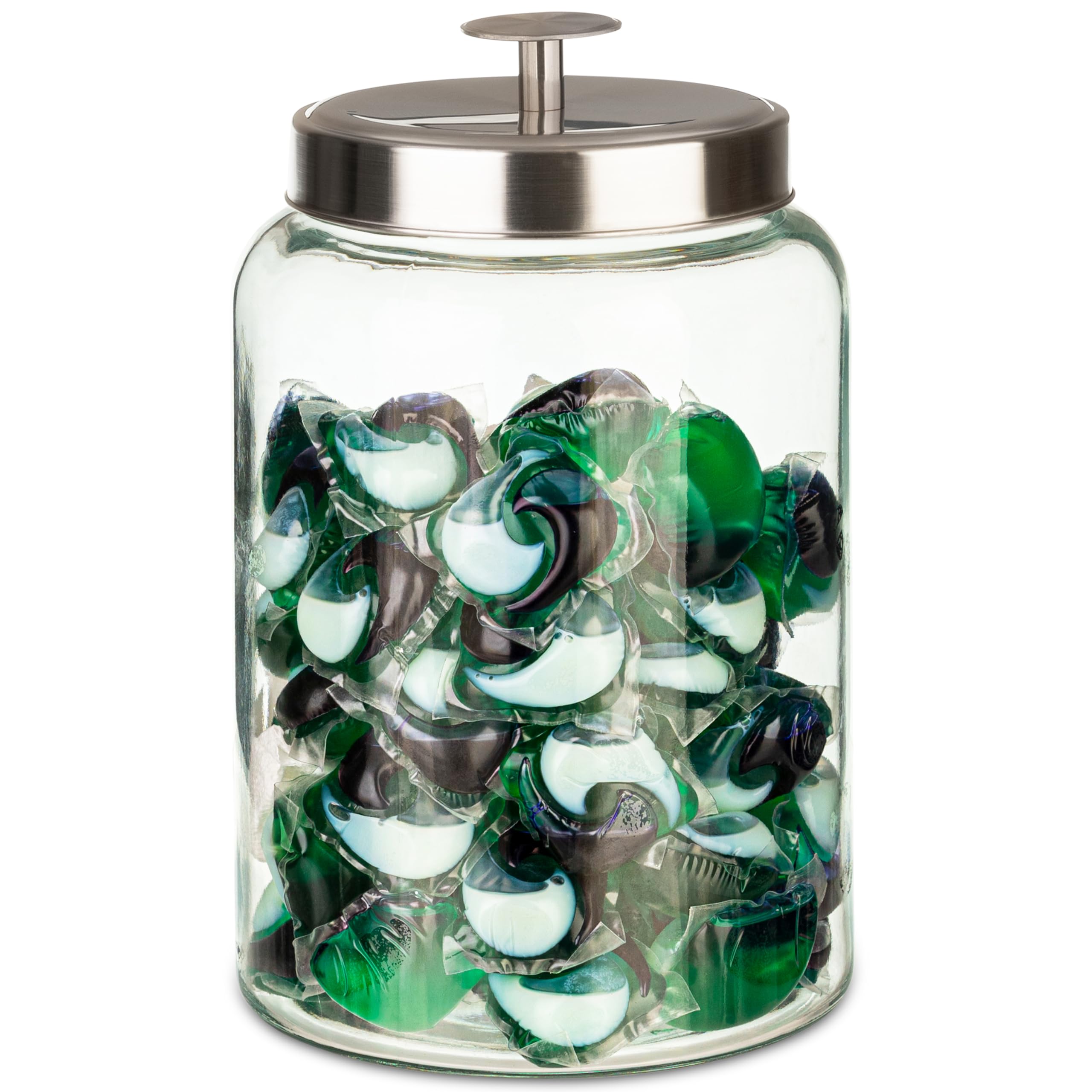 Gallon Glass Jar for Laundry Room Organization- Kitchentoolz Containers for Kitchen and Laundry Detrgent Pods and Powder- Stainless Steel Airtight Lid - Like New