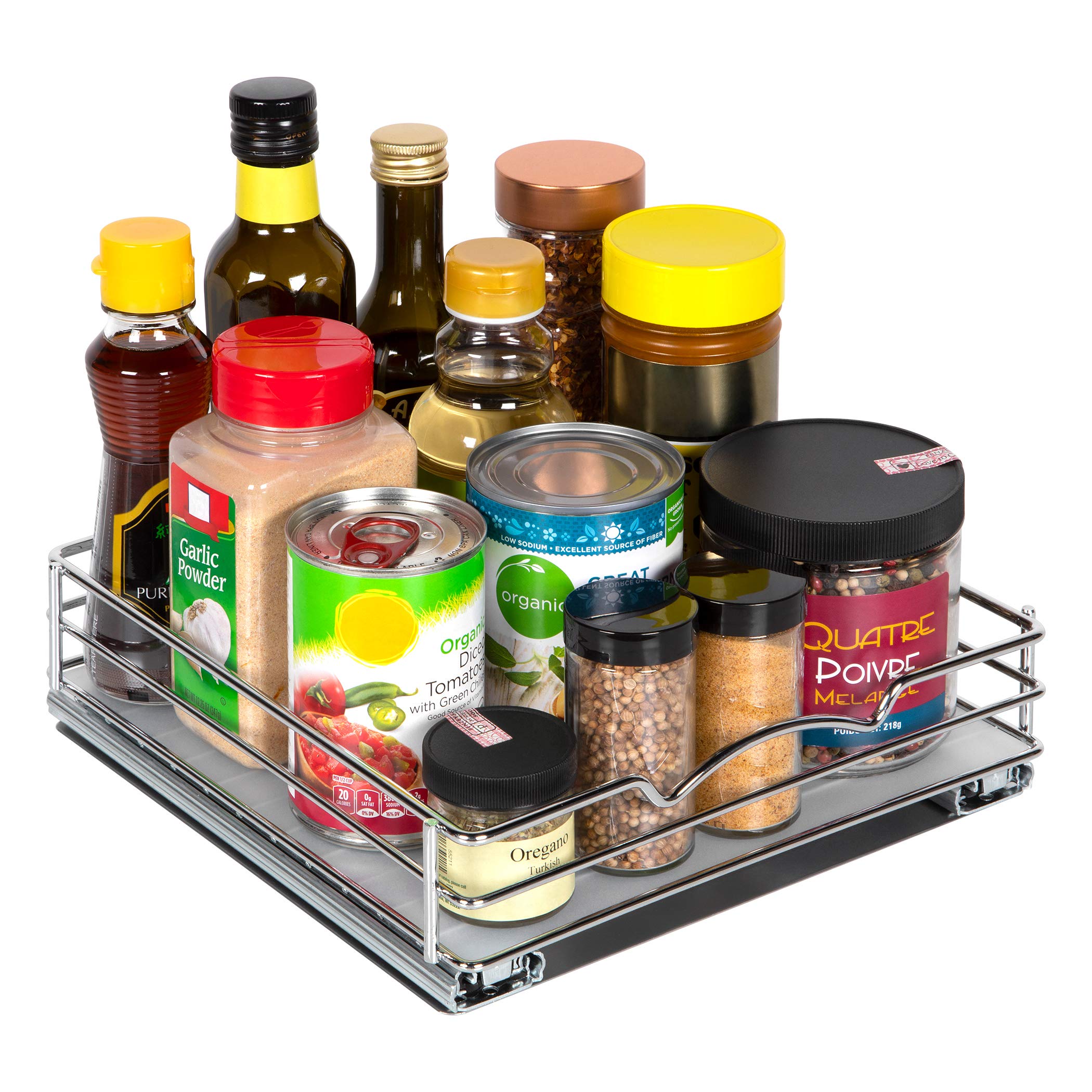 Pull Out Spice Rack Organizer for Cabinet, Heavy Duty-5 Year Limited Warranty- Chrome Slide Out Spice Rack 10-3/8"Wx 10-3/8"D x 2-1/8 H for Kitchen Cabinets and Pantry, for Spices, Sauces, Cans etc. - Like New