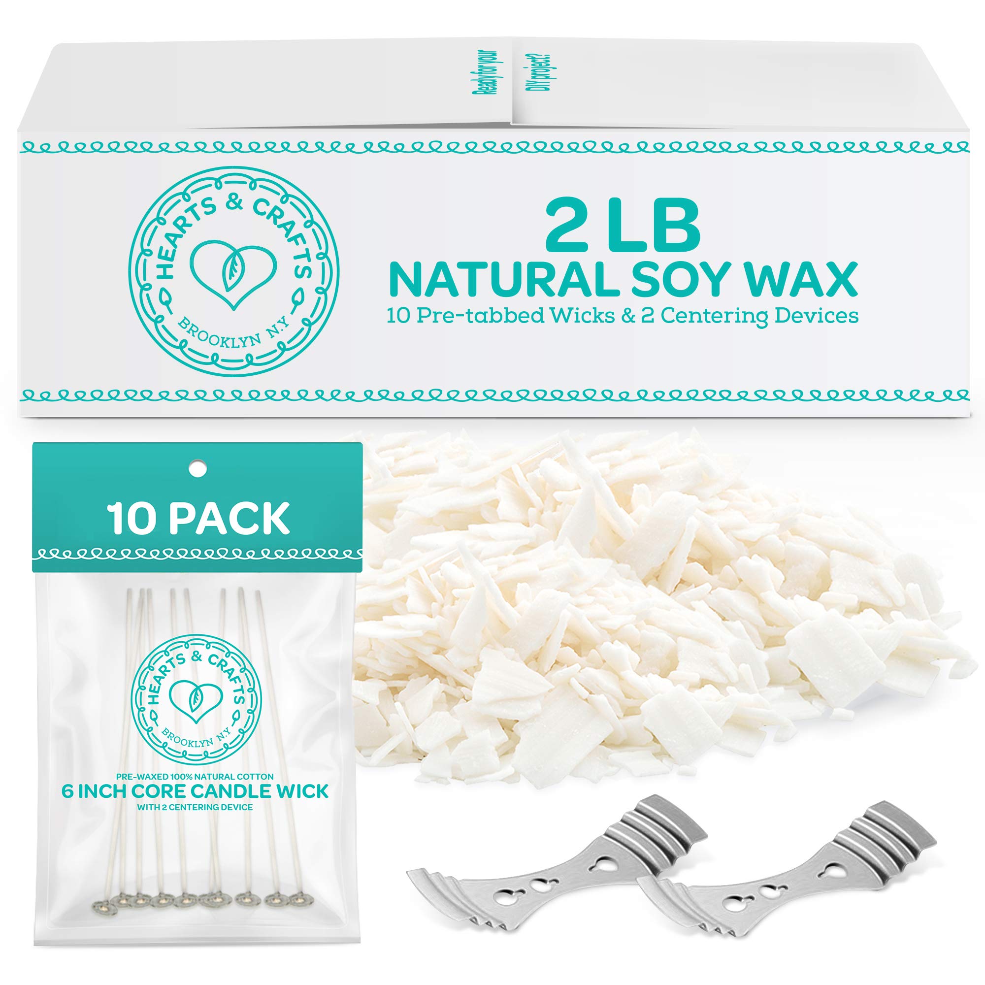 Hearts & Crafts Natural Soy Wax for Candle Making - 2 lbs Natural Soy Wax - 10 6-Inch Pre-Waxed Candle Wicks, 2 Metal Centering Devices, 2 lbs Soy Wax Flakes - Candle Wax & Candle Making Wax Supplies  - Like New