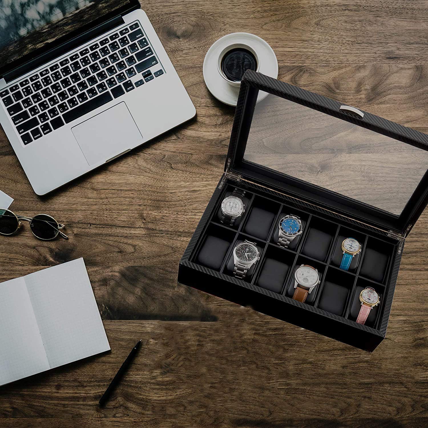 HAUTEROW Watch Box- Display Case & Organizer For Men| First-Class Jewelry Watch Holder| 12 Watch Slots| Sleek Black Color, Glass Top, Carbon Fiber, & Faux Leather - Good