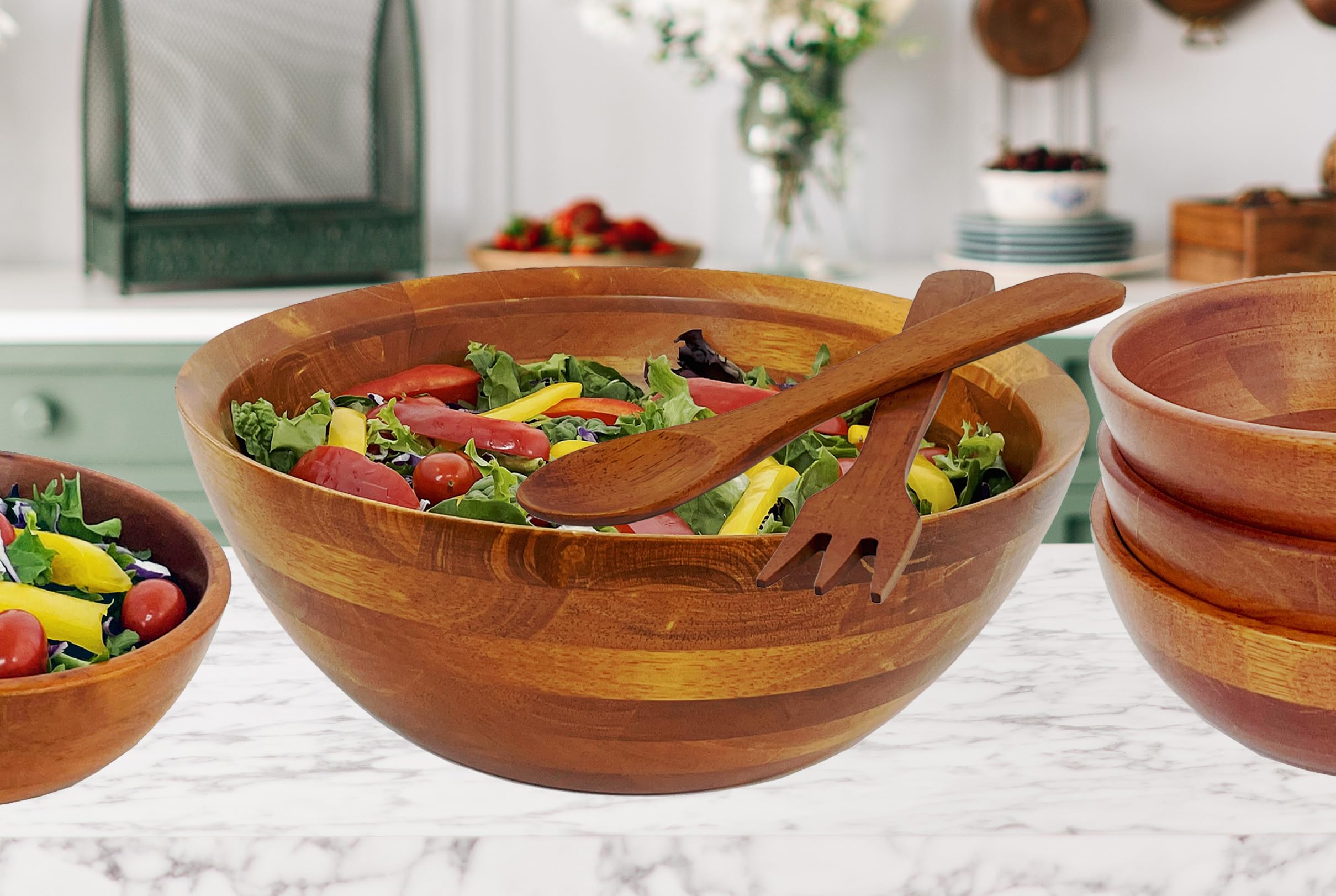 Woodard & Charles Wood Cherry Stain Salad Serving Bowl Set - Like New