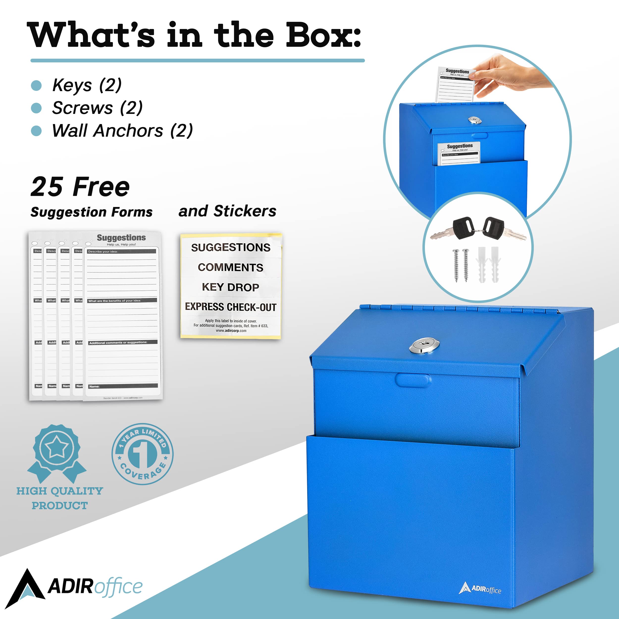 Adir Suggestion Box with Slot and Lock with 25 Comment Cards and Label Stickers, Wall Mounted Metal Donation Box for Fundraising, Tip Cash Drop Box for Money, Ballot Box Blue - Very Good