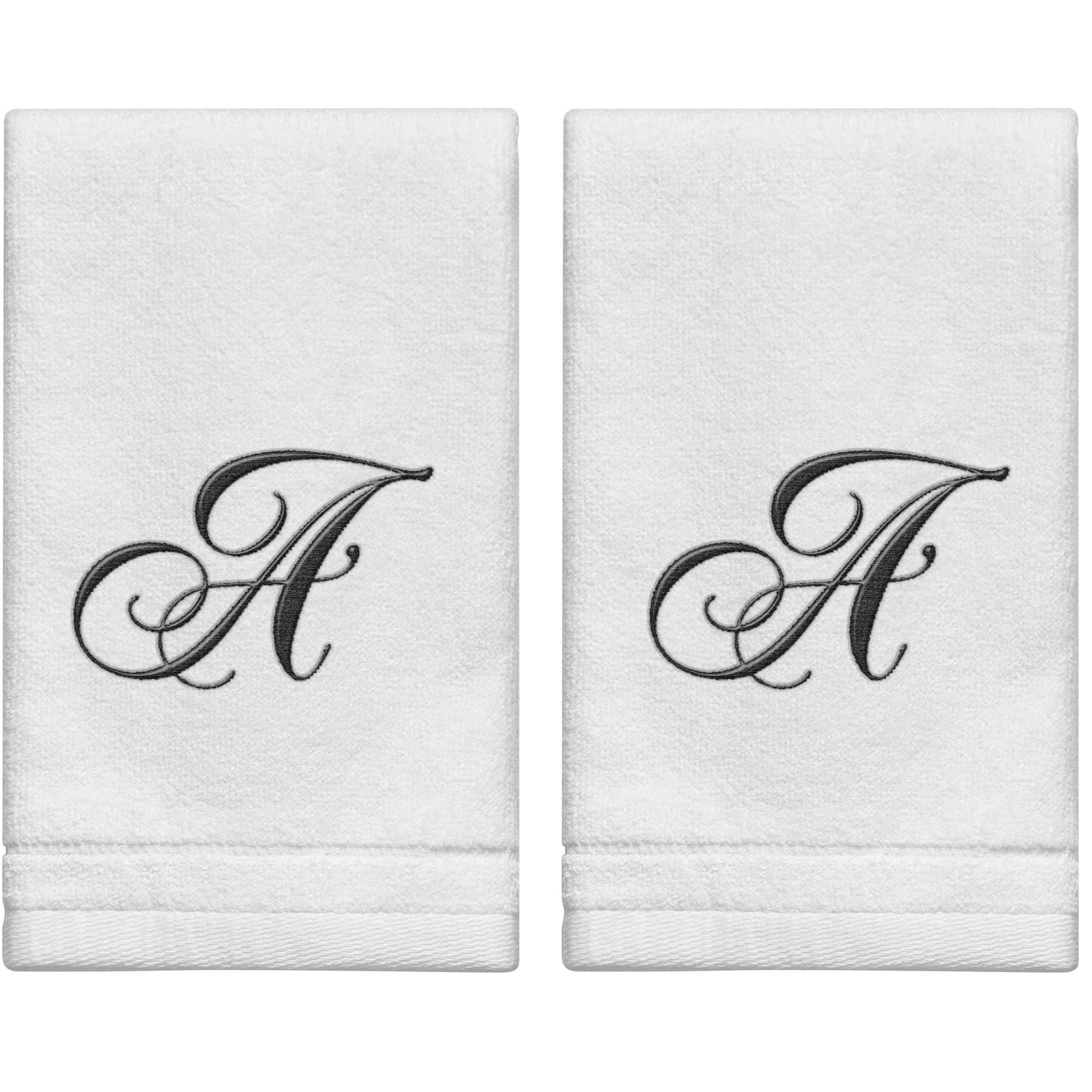 Monogrammed Towels Fingertip, Personalized Gift, 11 x 18 Inches - Set of 2- Black Embroidered Towel - Extra Absorbent 100% Cotton- Soft Velour Finish - For Bathroom/ Kitchen/ Spa (White) - Like New