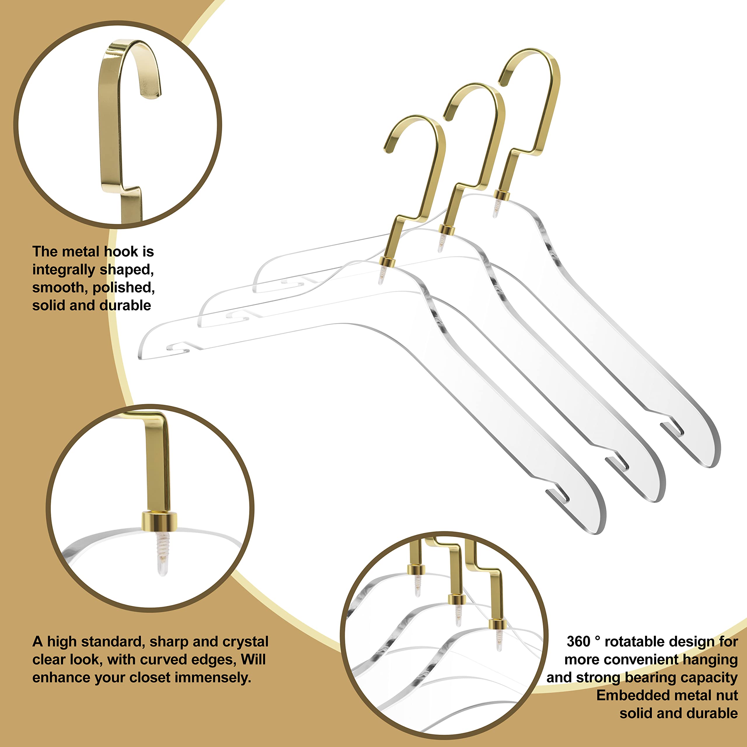 Quality Clear Acrylic Clothing Hangers – Stylish Clothes Hanger with Silver or Gold Hooks - Coat Hanger for Dress, Suit - Closet Organizer Adult Hangers - Heavy Duty and Space Saving Cloth Hangers - Like New