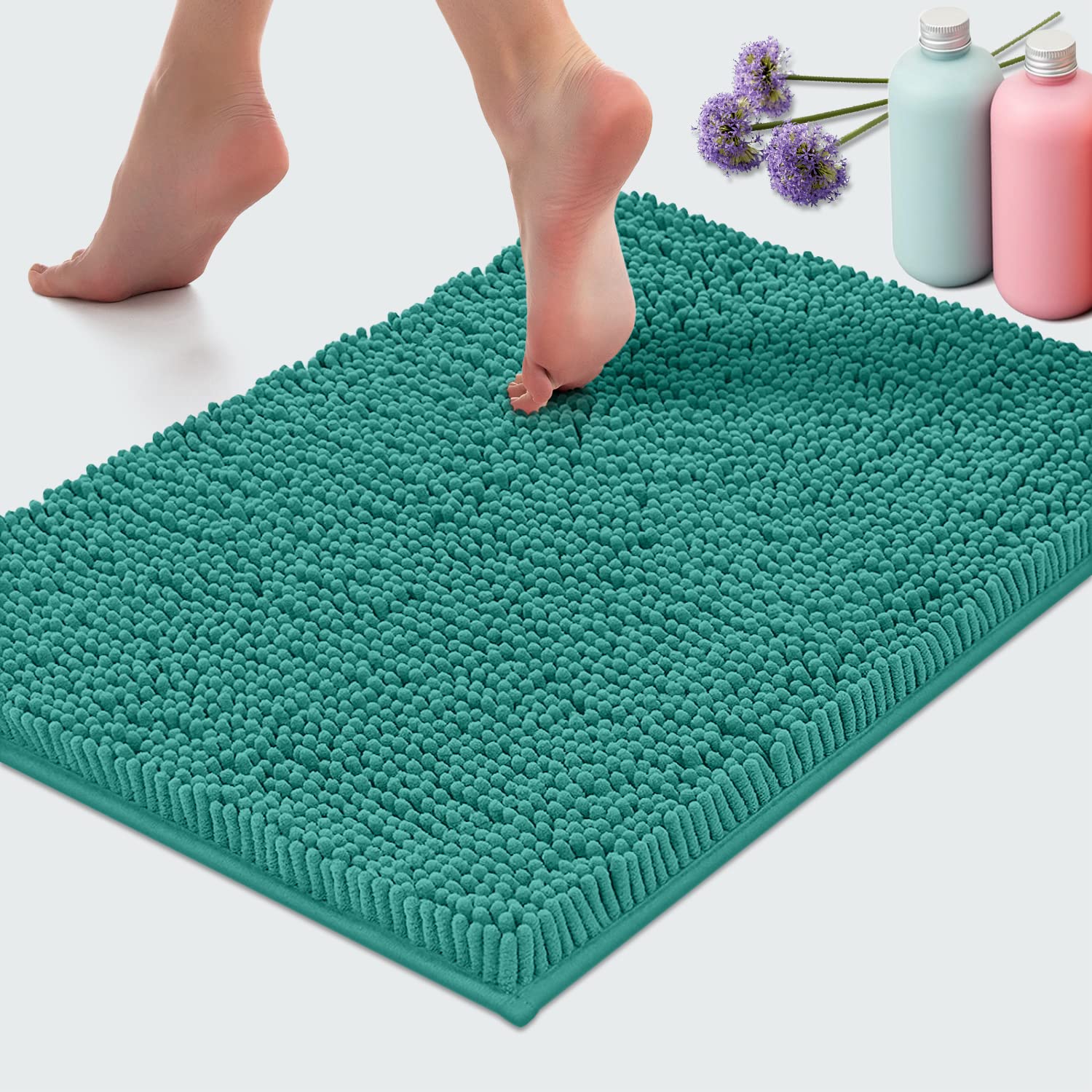 LuxUrux Teal Bath Mat, Extra-Soft Plush Bath Shower Bathroom Rug,1'' Chenille Microfiber Material, Super Absorbent Shaggy Bath Rug. Machine Wash & Dry (24'' x 17'', Turquoise) - Very Good