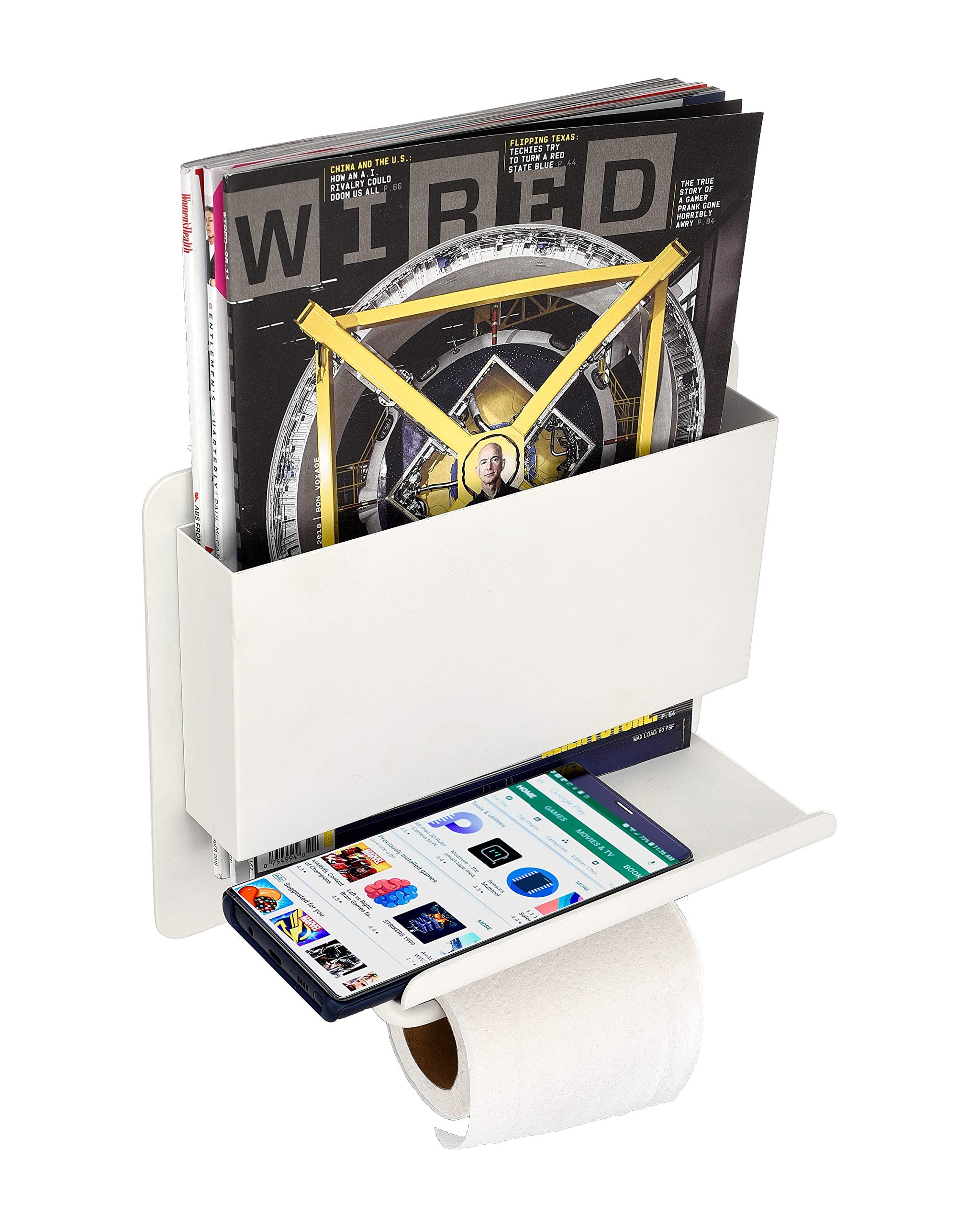 AdirHome All-in-One Bathroom Rack - Mounted Steel Toilet & Bath Organizer w/Tissue Holder - Space Saver & Organizing Storage Accessories for Bathroom & Pantry (White) - Good