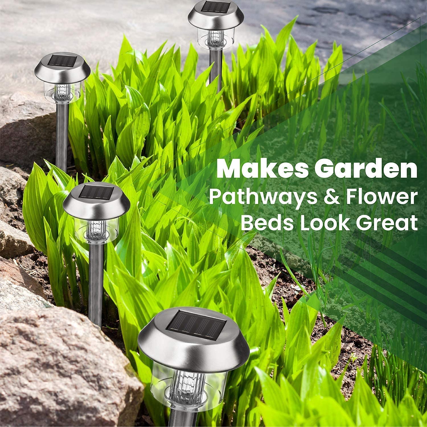 Signature Garden Premium Stainless Solar Garden Lights - Super-Bright 15 Lumens - Perfect Neutral Design; Makes Garden Pathways & Beds Look Great - Easy NO-Wire Installation; Water-Resistant - Like New