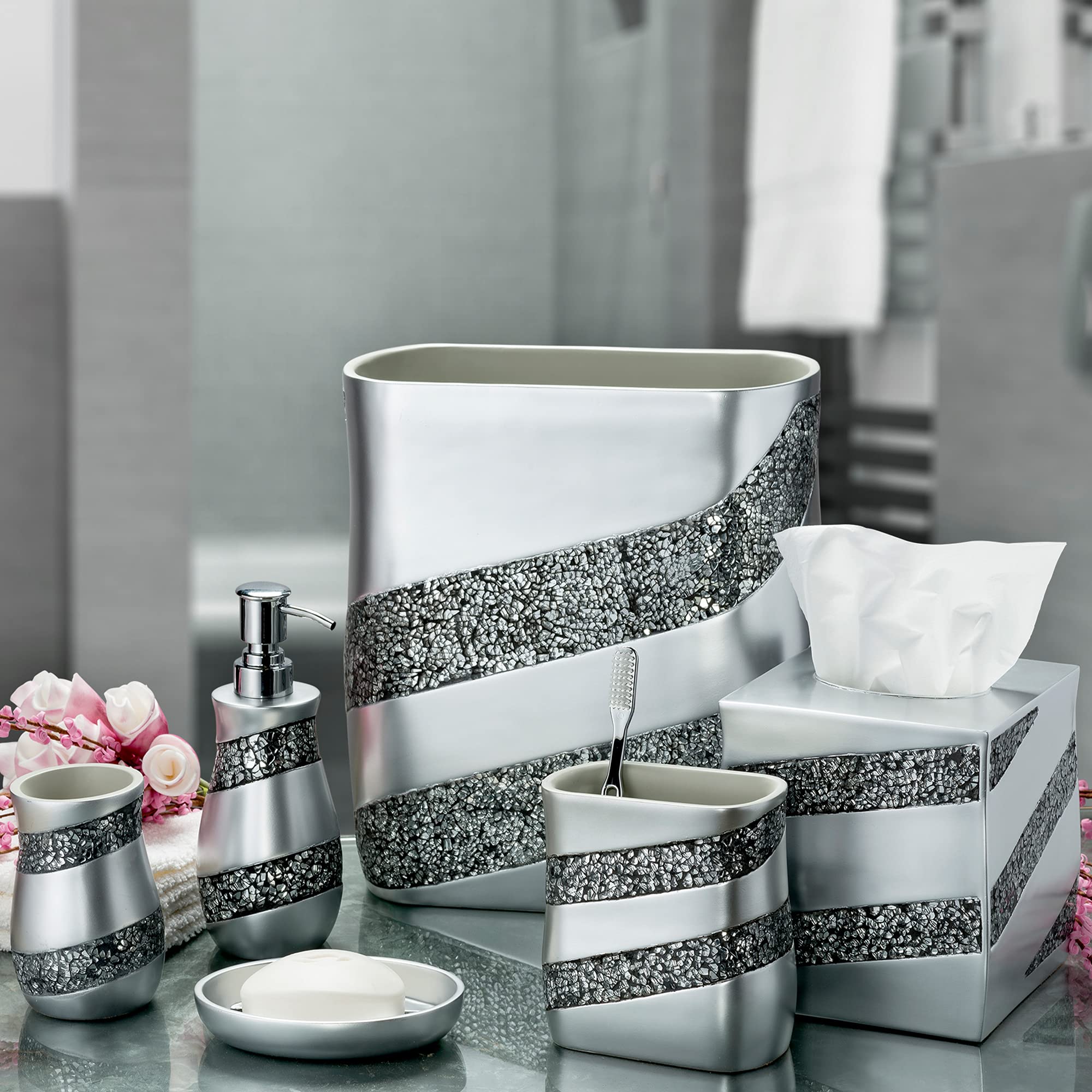 Silver Bathroom Accessories Set Complete - Mosaic Glass Bathroom Accessory Set, 6 Piece Bathroom Set Includes: Bathroom Trash Can, Tissue Cover, Soap Dispenser, Toothbrush Holder, Tumbler & Soap Dish - Very Good